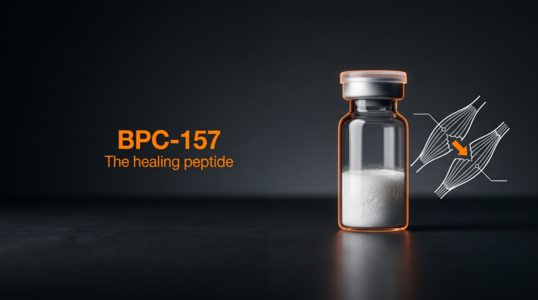 BPC-157: a research vial beside a local tissue-repair schematic. The healing peptide.