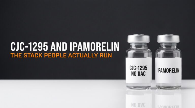 CJC-1295 no DAC and ipamorelin: the stack people actually run. Two research vials, overlay in empty space.