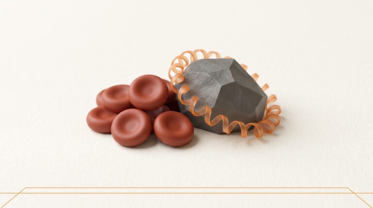 Editorial still-life of red blood cells, iron, and an orange hepcidin-like peptide helix on cream paper. FDA approval of Mimrylo (rusfertide) for polycythemia vera.