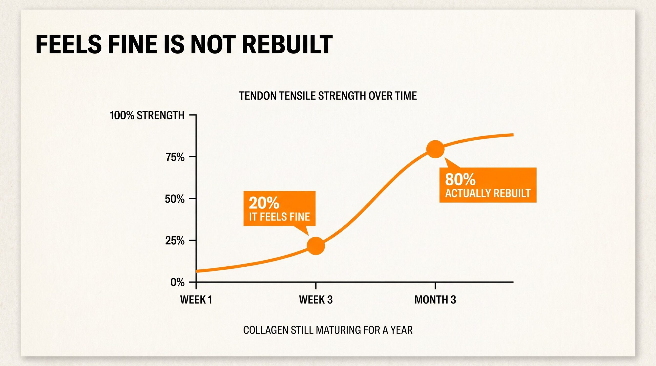 Tendon tensile strength: about 20 percent at week three when it feels fine, closer to 80 percent at month three.