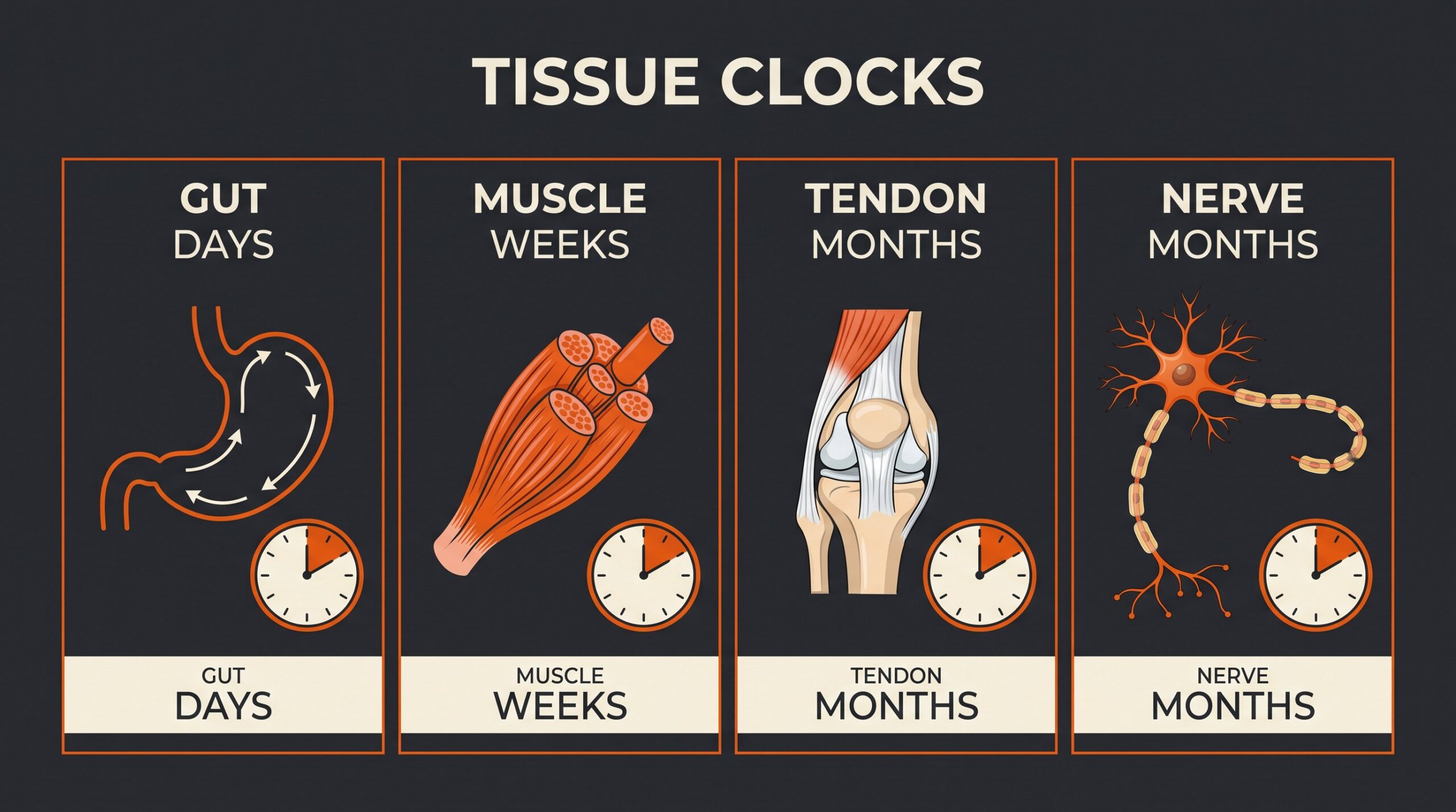 Tissue recovery clocks for gut, muscle, tendon, and nerve.