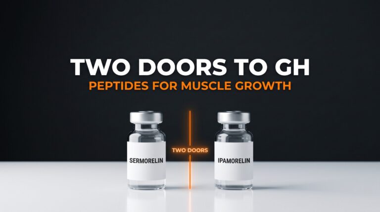 Two doors to GH: a sermorelin research vial and an ipamorelin research vial, overlay text peptides for muscle growth.