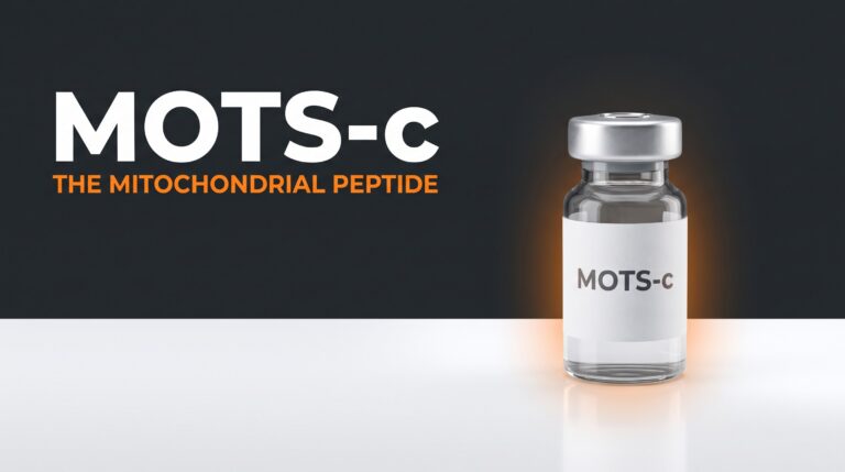 MOTS-c: the mitochondrial peptide. One research vial, overlay in empty space.
