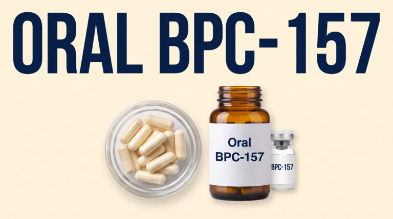 YouTube thumbnail: Oral BPC-157 capsules on cream field