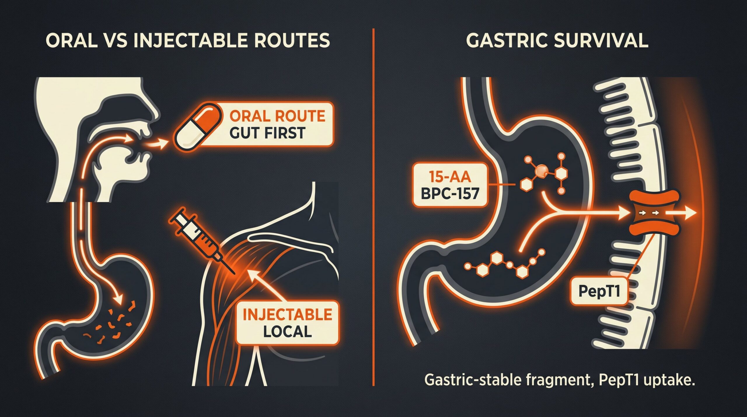 Teaching diagram of oral versus injectable BPC-157 routes and PepT1 gastric uptake.