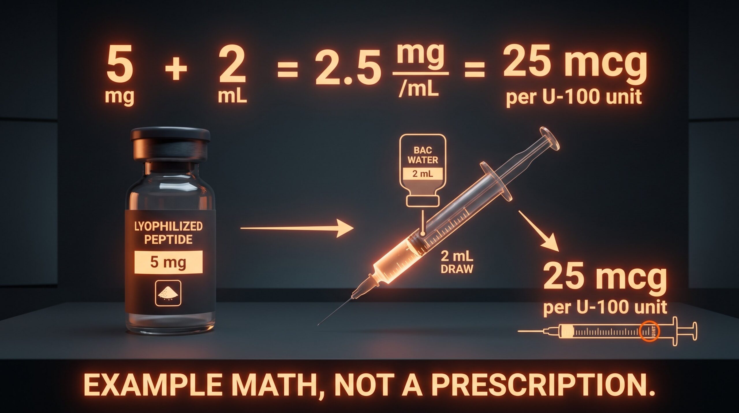 Example reconstitution math for 5 milligrams of peptide with 2 milliliters of bacteriostatic water.
