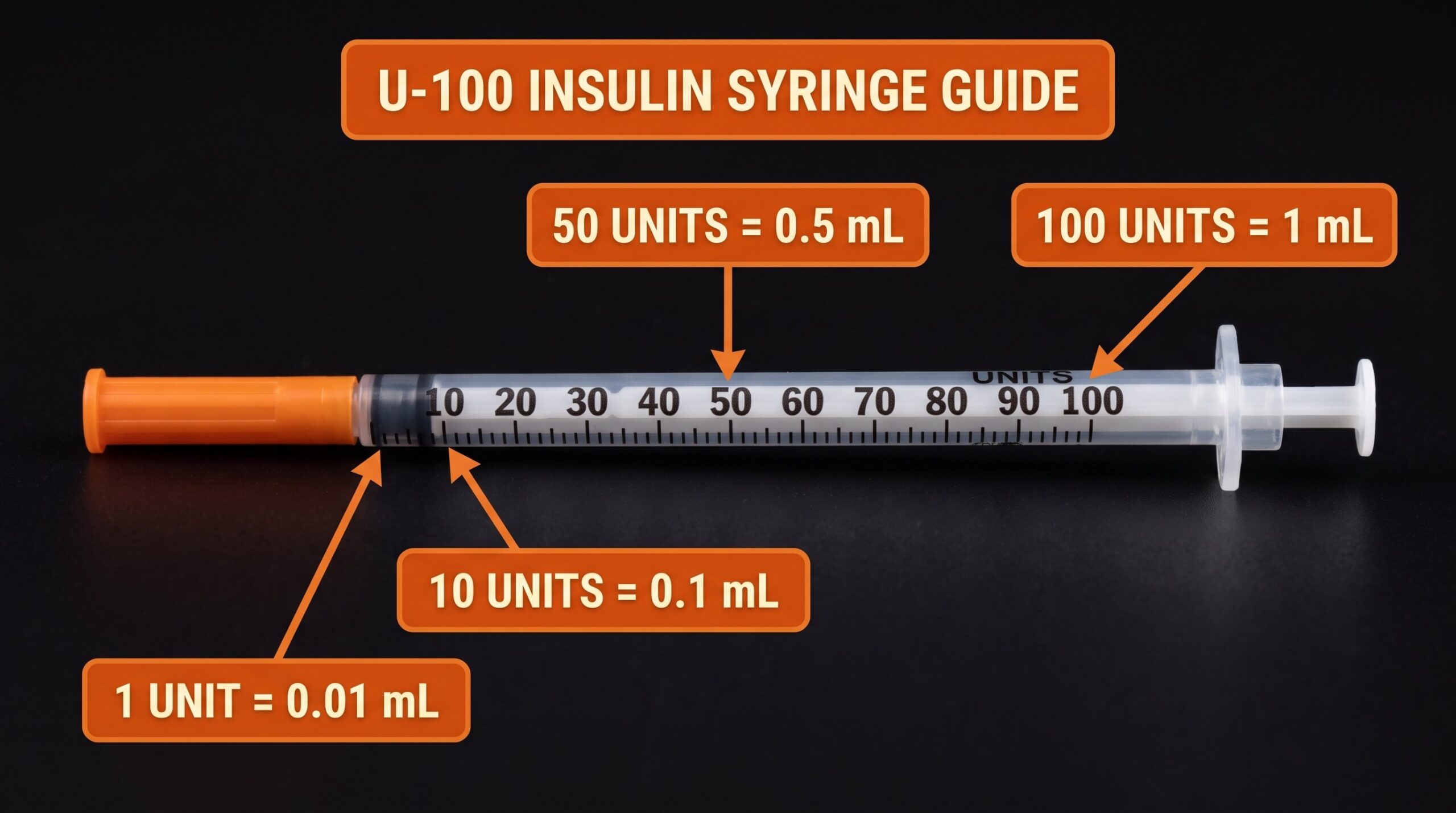 U-100 insulin syringe with unit to milliliter conversions.