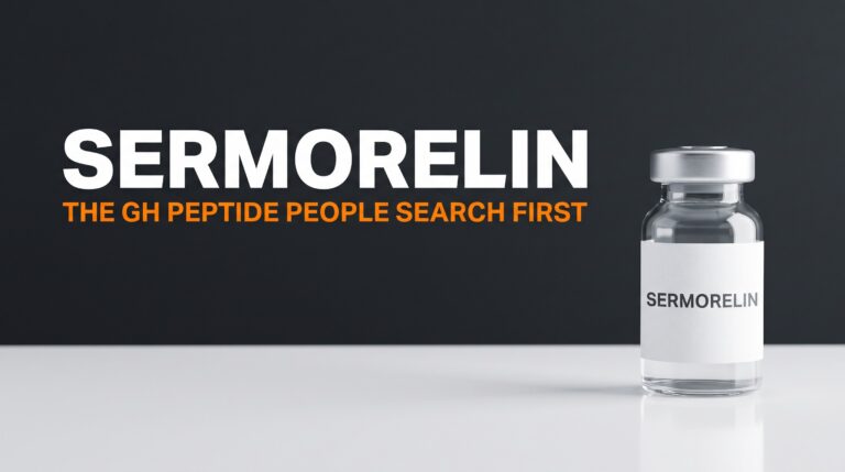 Sermorelin: the GH peptide people search first. One research vial, overlay in empty space.