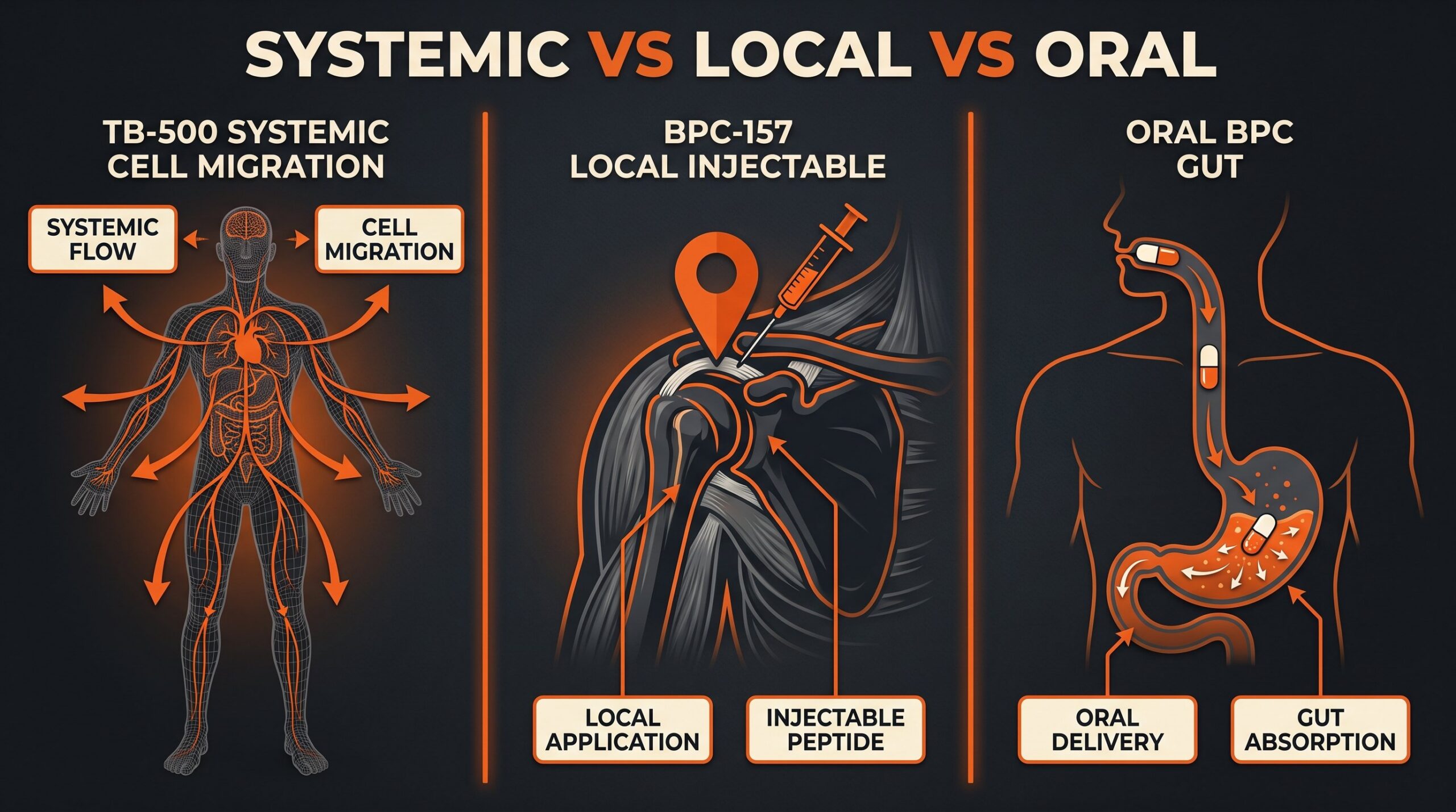 Teaching diagram of systemic TB-500 versus local injectable BPC-157 versus oral BPC in the gut.
