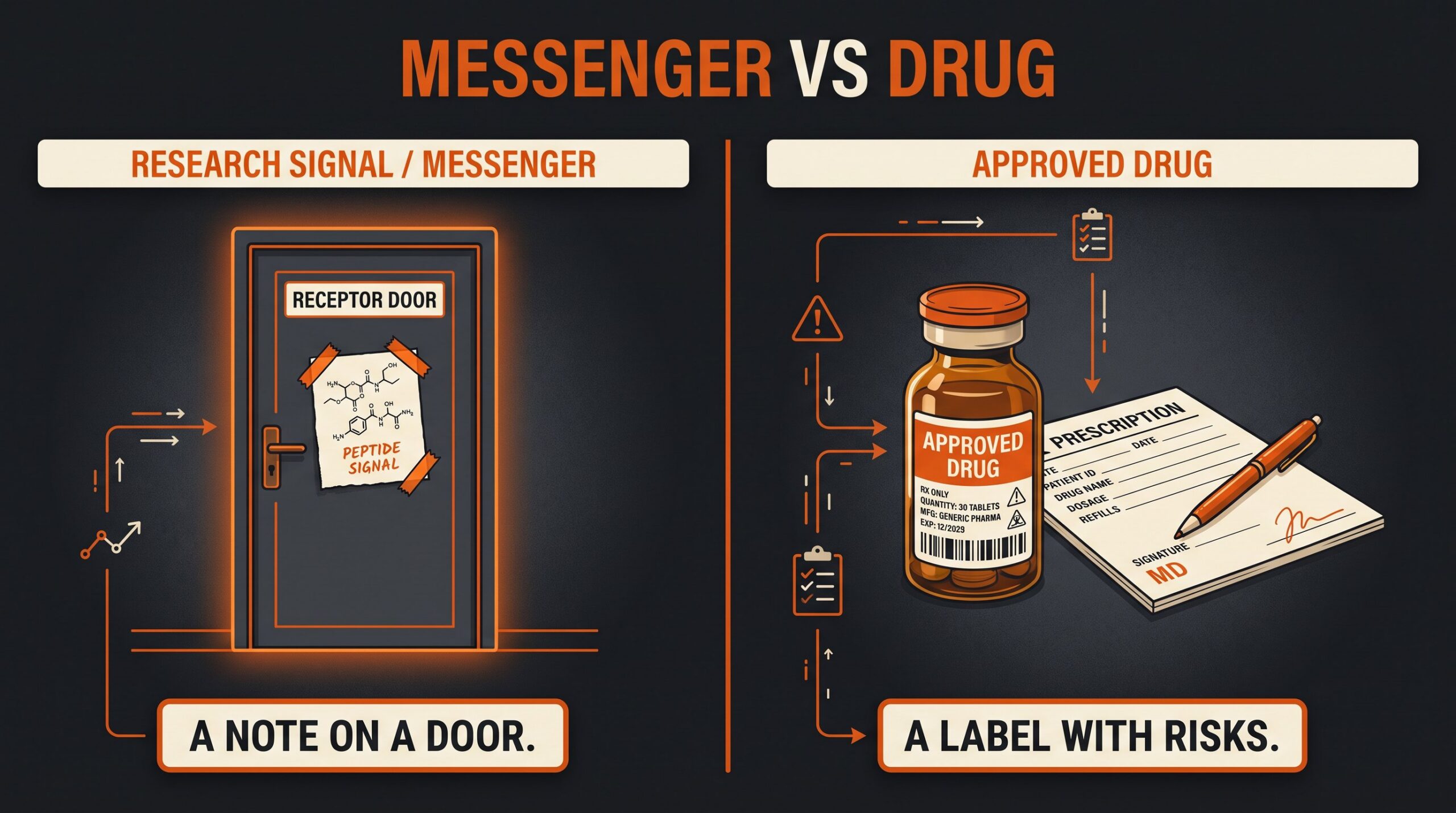 Teaching diagram of a research peptide messenger versus an approved drug with a label.