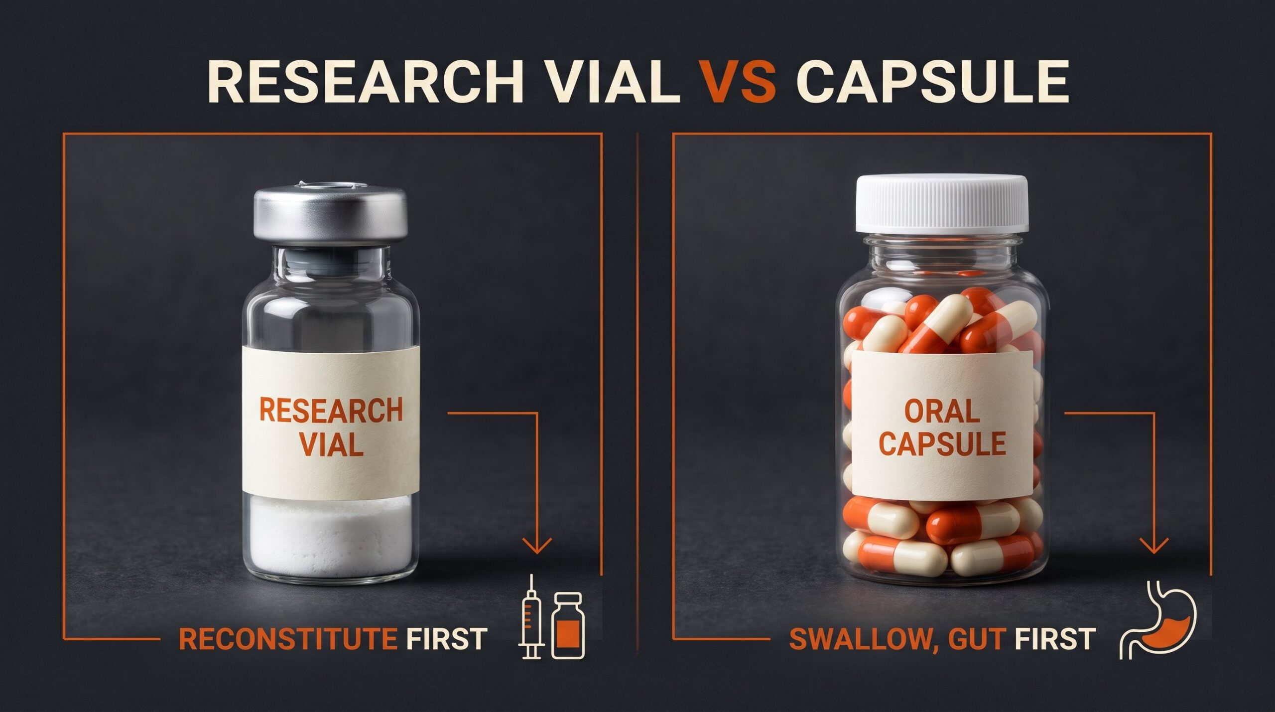 Teaching diagram of a lyophilized research vial versus an oral capsule.