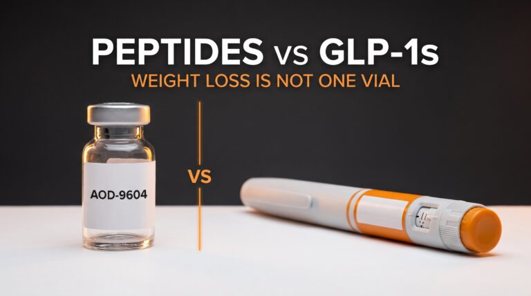 Peptides vs GLP-1s: an AOD-9604 research vial next to a generic GLP-1 injection pen. Weight loss is not one vial.