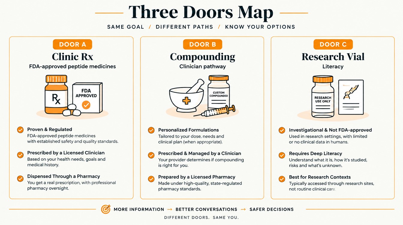 Teaching diagram: three doors map — Clinic Rx, Compounding, Research vial literacy