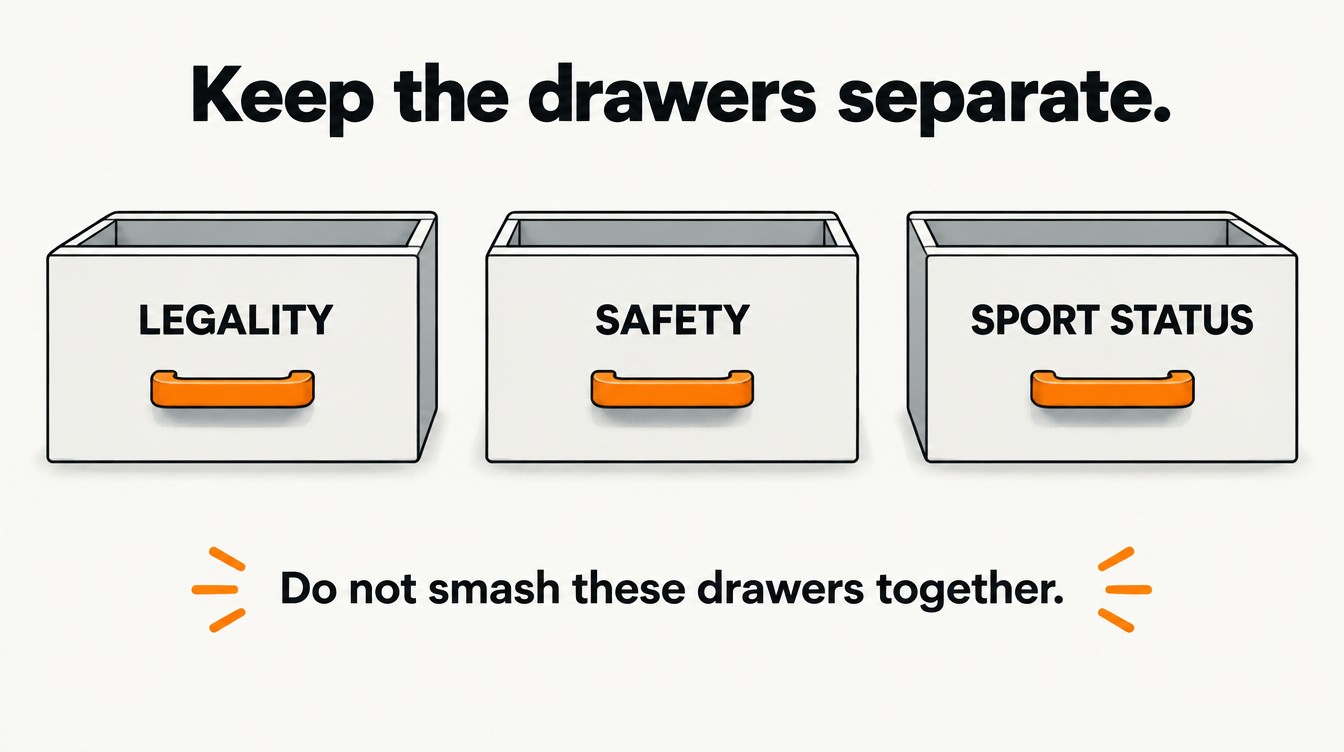 Teaching diagram: legality is not safety is not sport status — keep the drawers separate