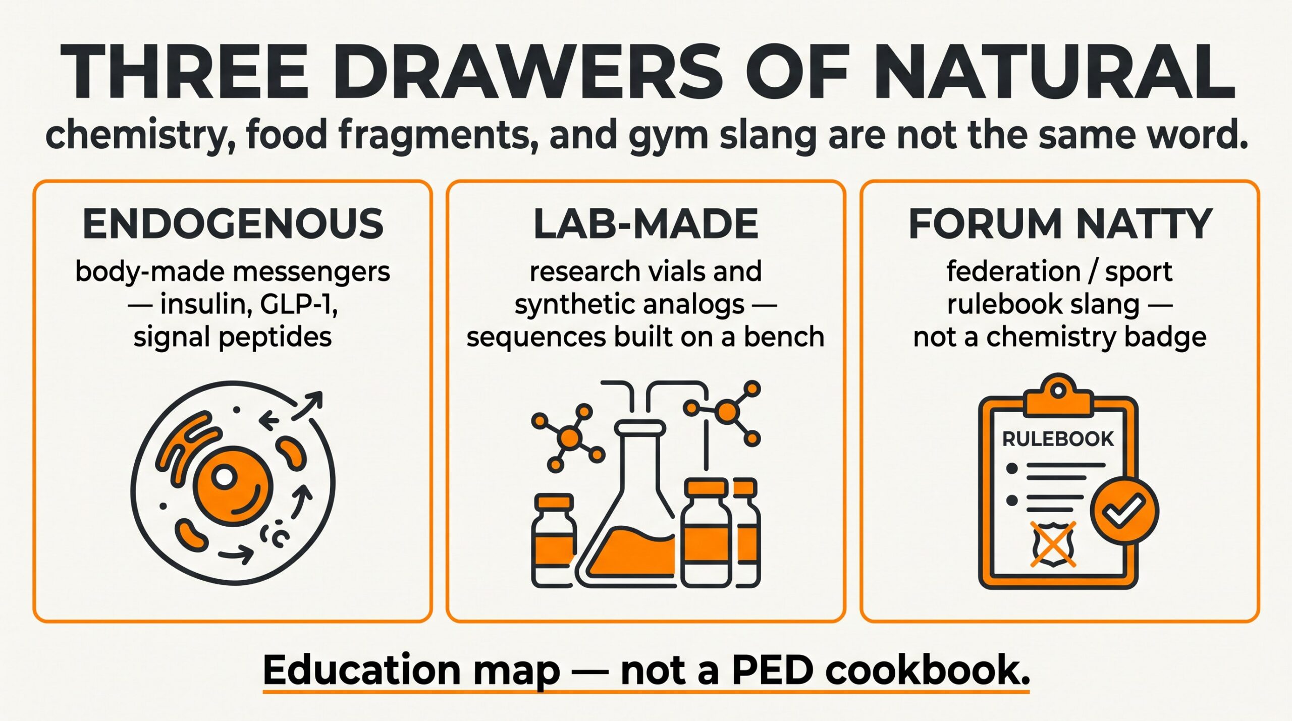 Teaching diagram: three drawers of natural — endogenous, lab-made, forum natty
