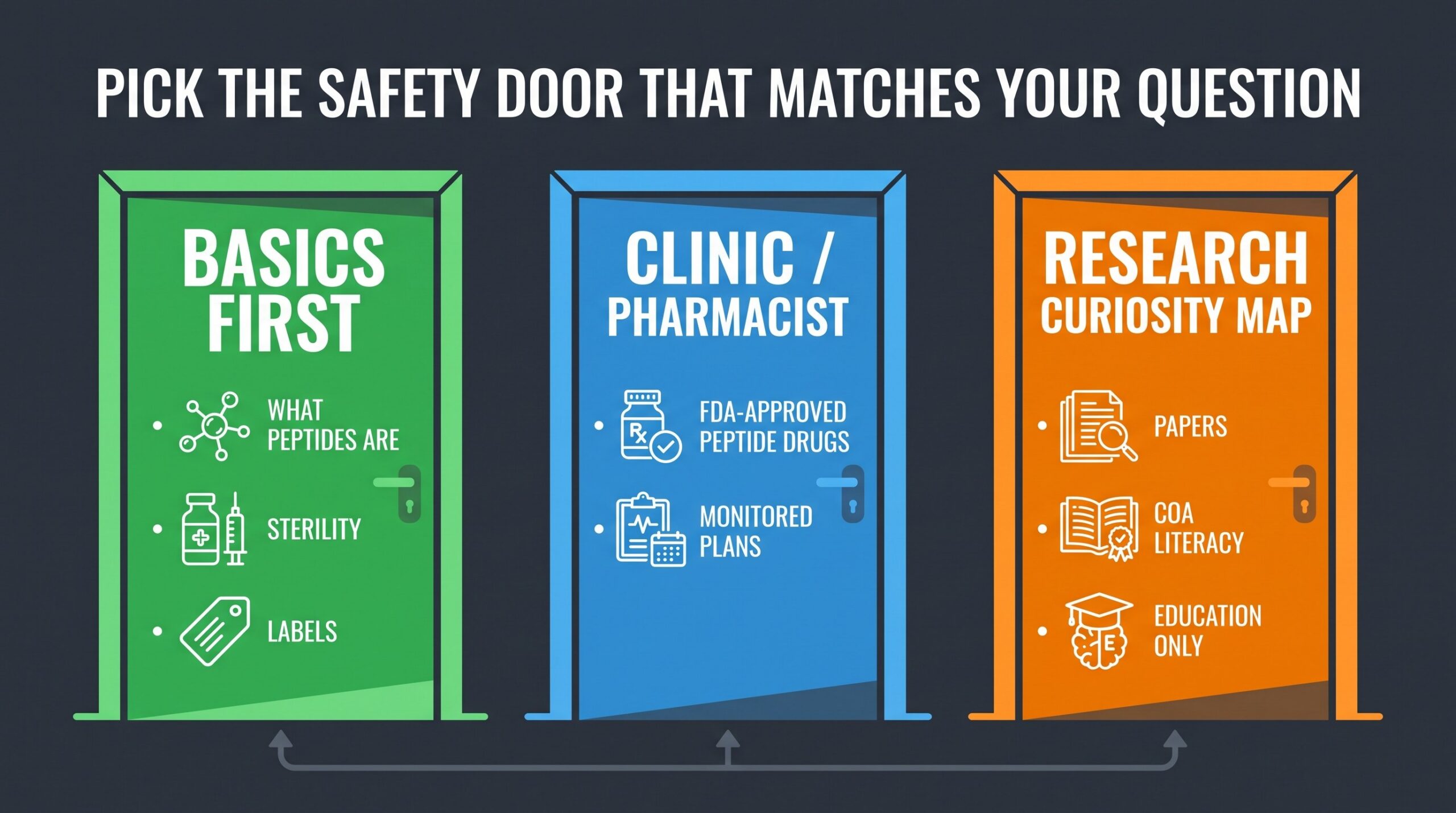 Teaching diagram: three doors for are peptides safe — basics first, clinic or pharmacist, and research curiosity map.