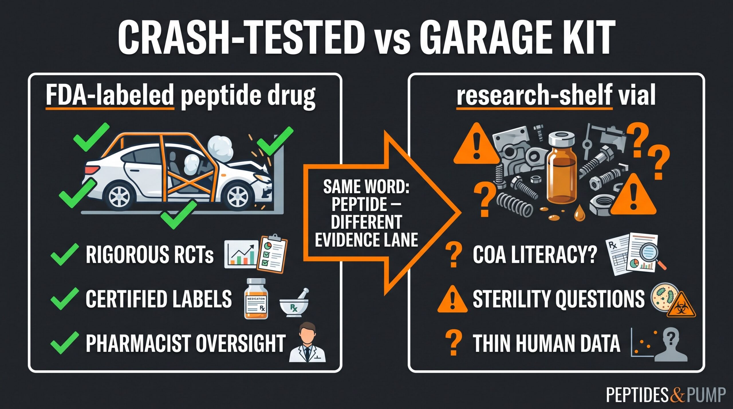 Teaching diagram: crash-tested FDA-labeled peptide drug versus unlabeled research-shelf garage kit.