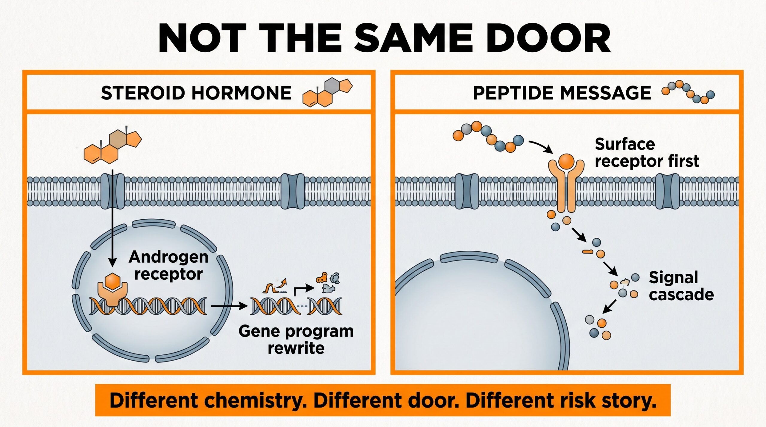 Teaching diagram: steroid hormone nuclear androgen-receptor path vs peptide surface-receptor signal cascade — not the same door
