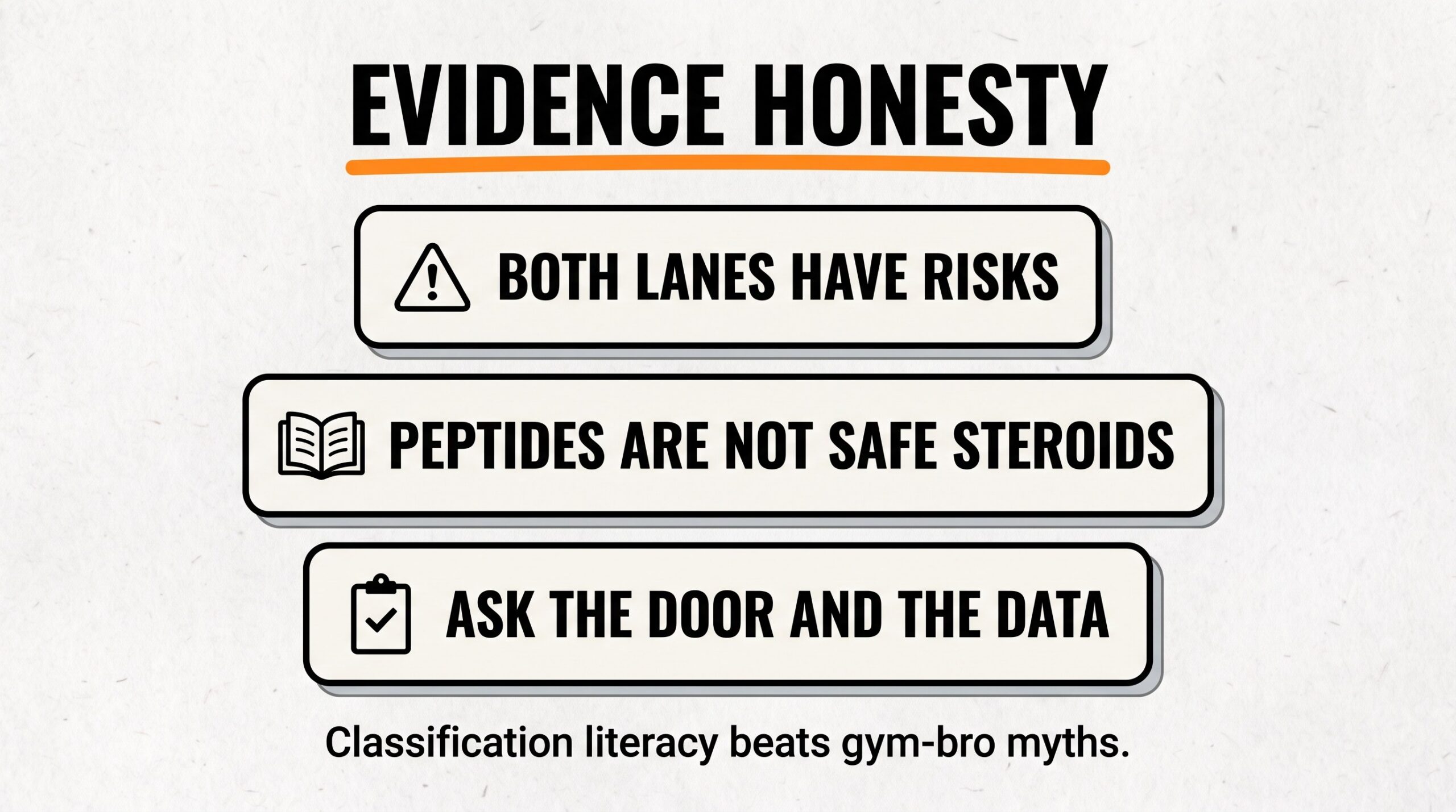 Teaching diagram: evidence honesty — both lanes have risks; peptides are not safe steroids; ask the door and the data