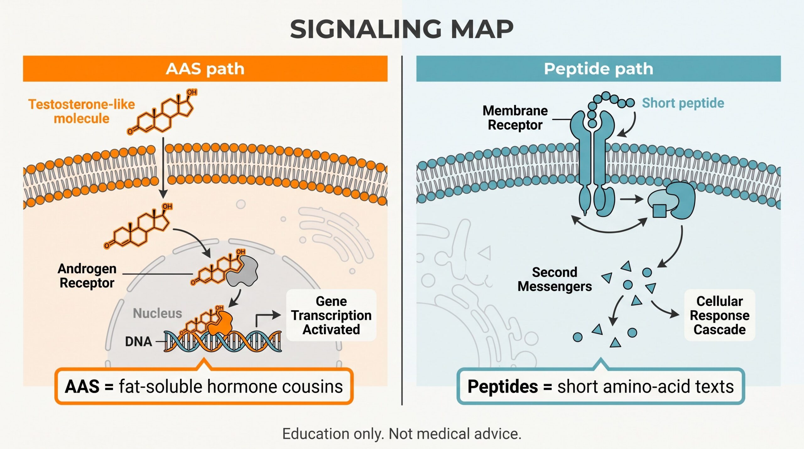 Teaching diagram: AAS androgen-receptor gene rewrite path versus peptide surface-receptor cascade