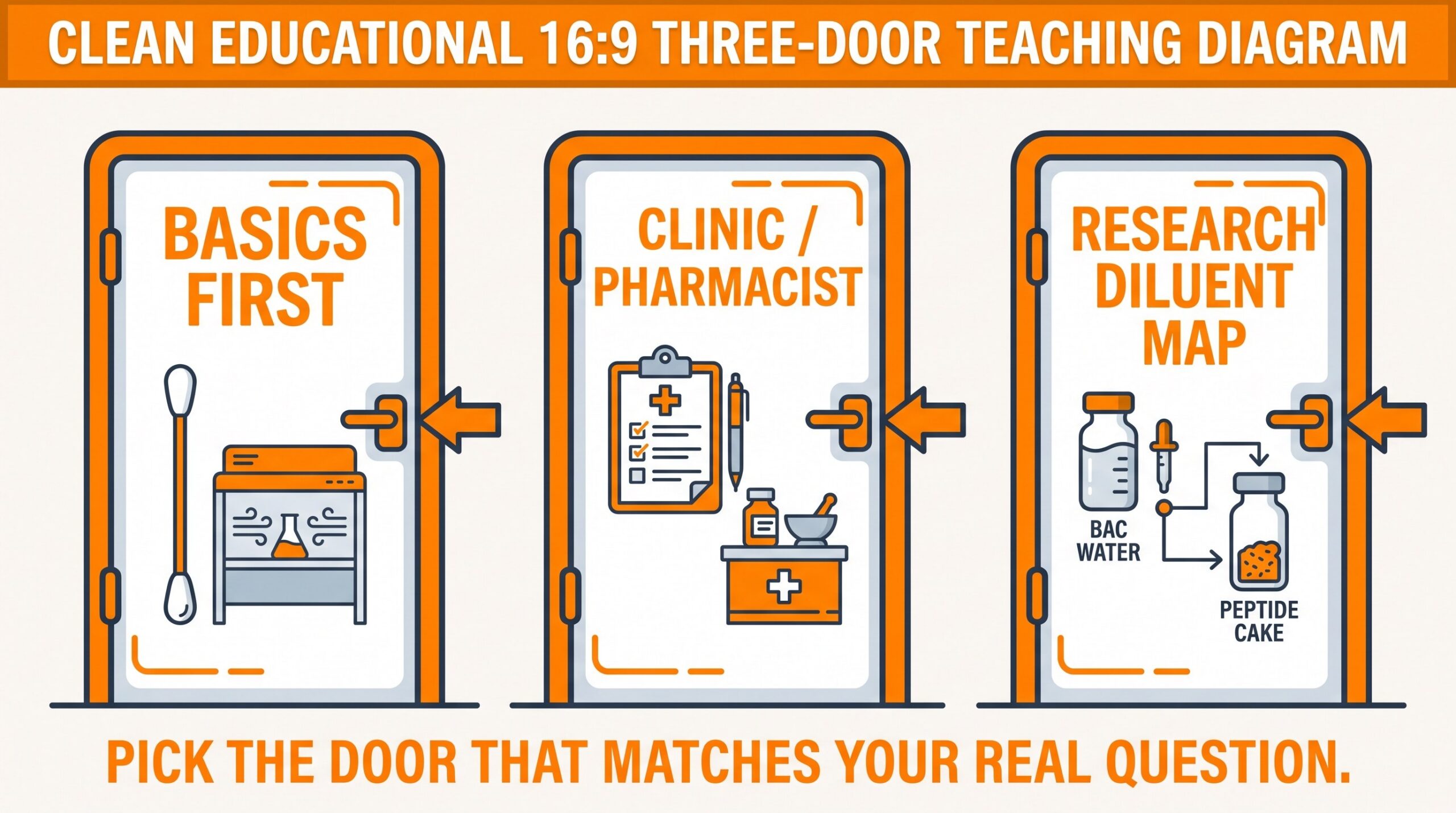 Teaching diagram: three doors for bacteriostatic water — basics first, clinic or pharmacist, and research diluent map.