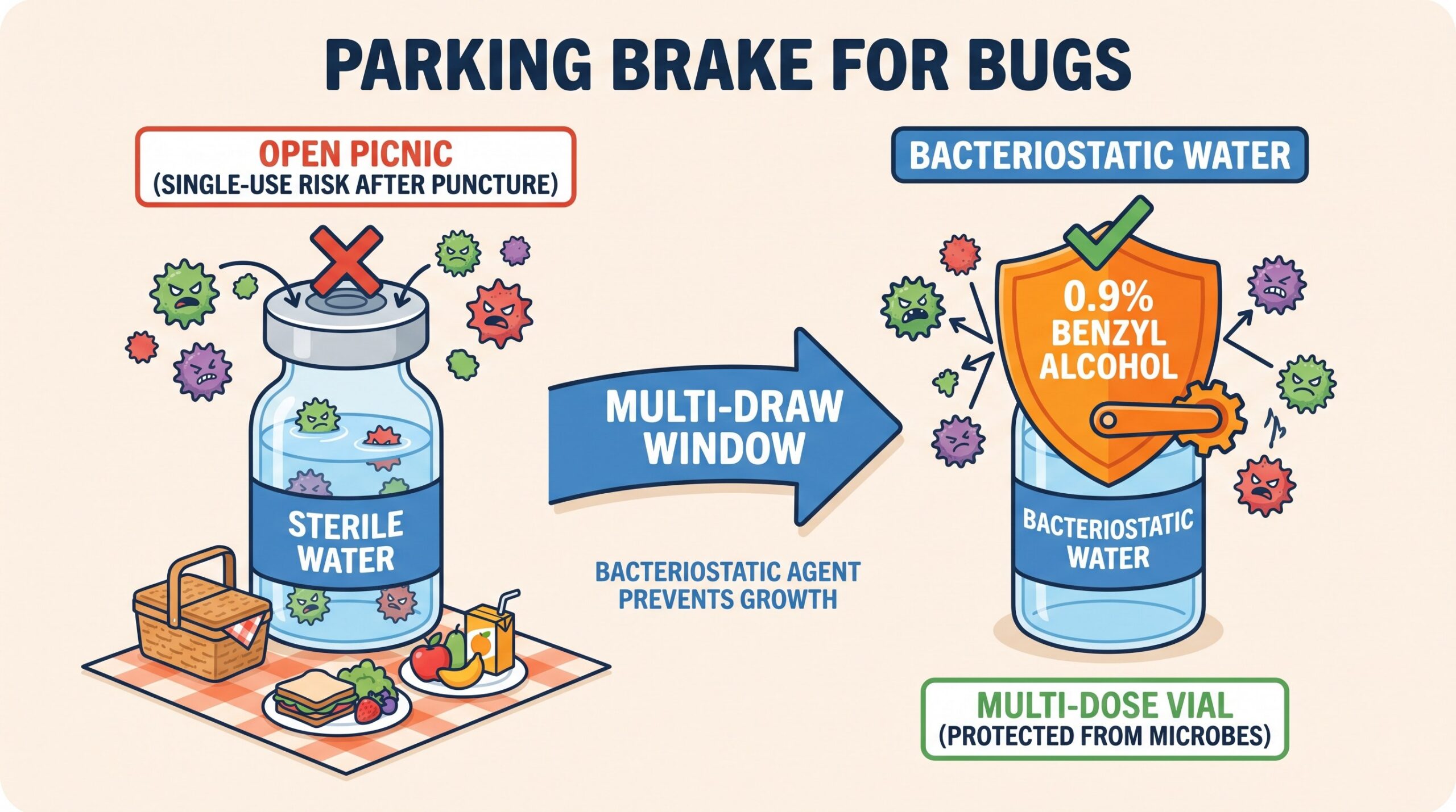 Teaching diagram: bacteriostatic water as a parking brake for bugs versus sterile water as an open picnic after puncture.