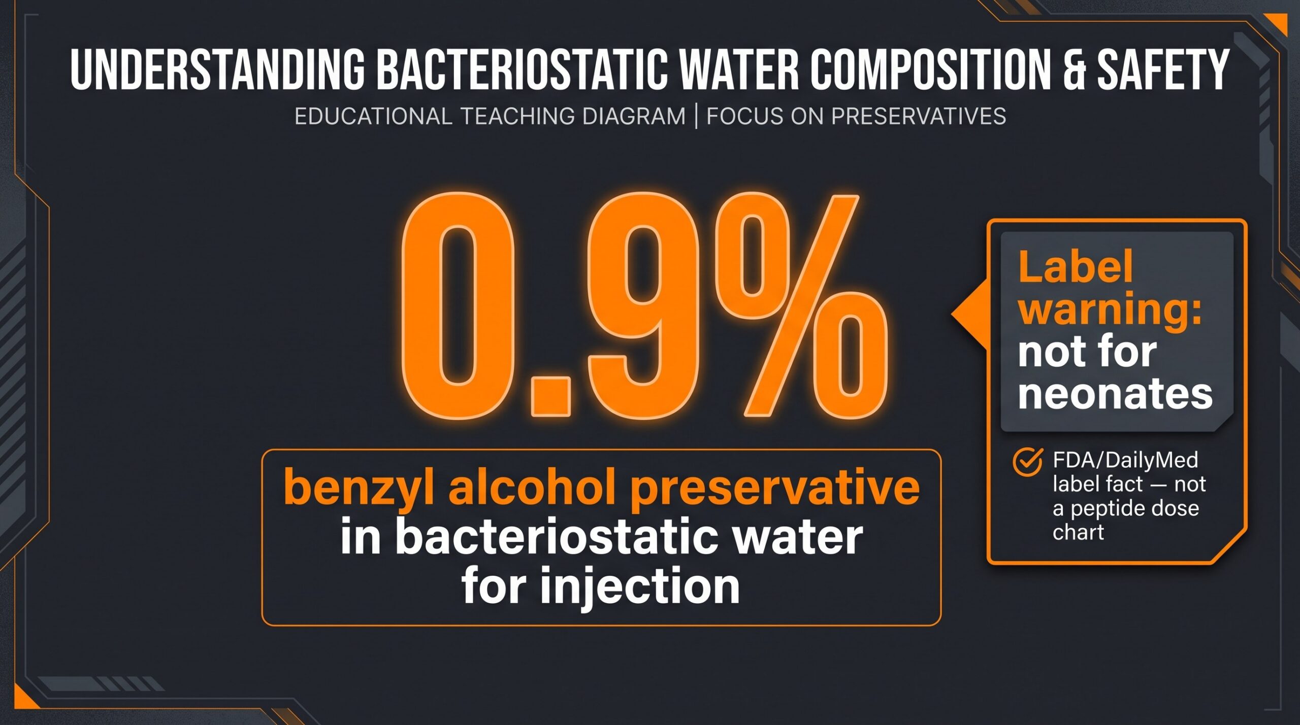 Teaching diagram: 0.9 percent benzyl alcohol preservative in bacteriostatic water, with a neonatal label warning confidence tag.