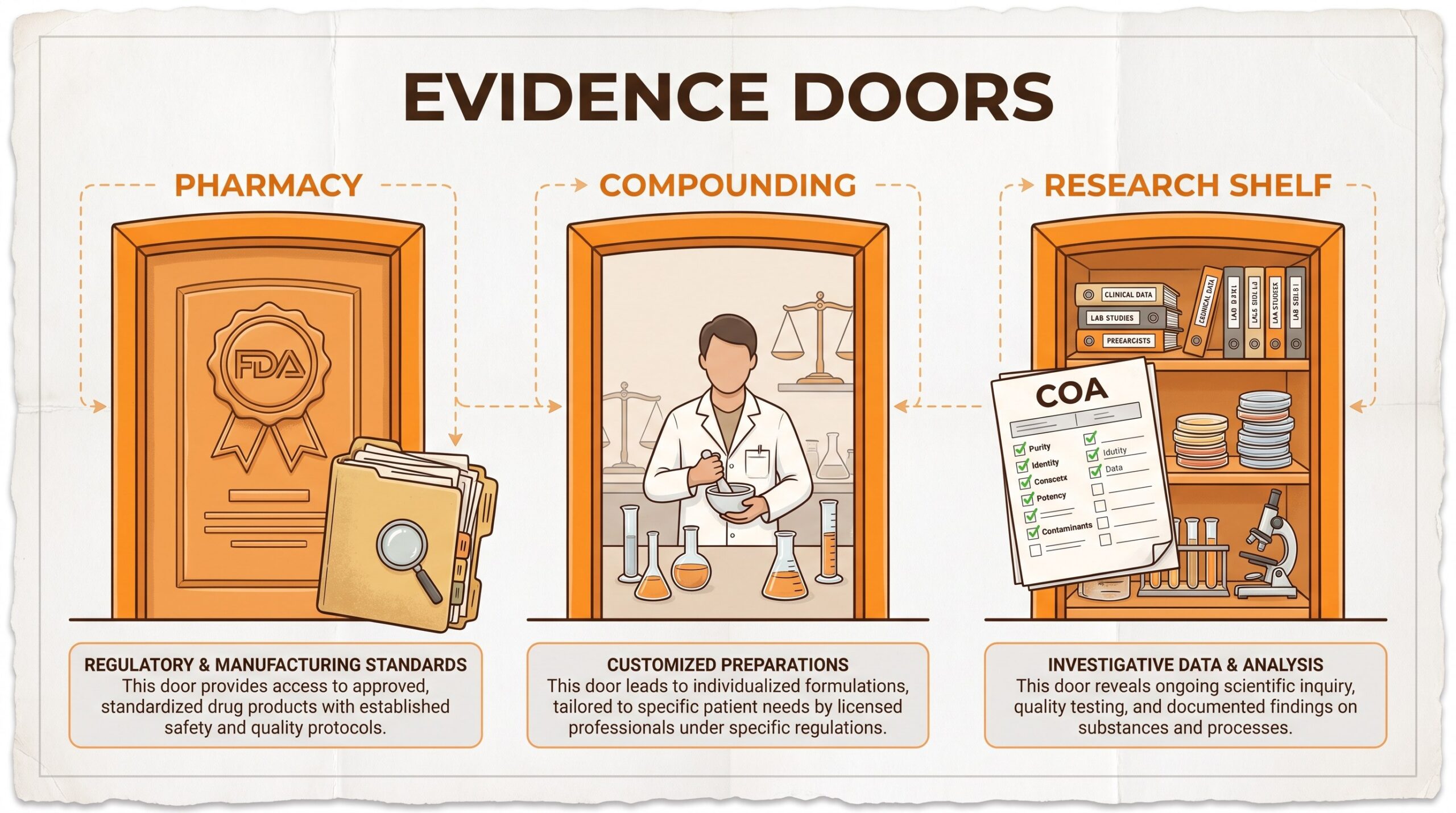 Teaching diagram: pharmacy vs compounding vs research shelf evidence doors for peptides.