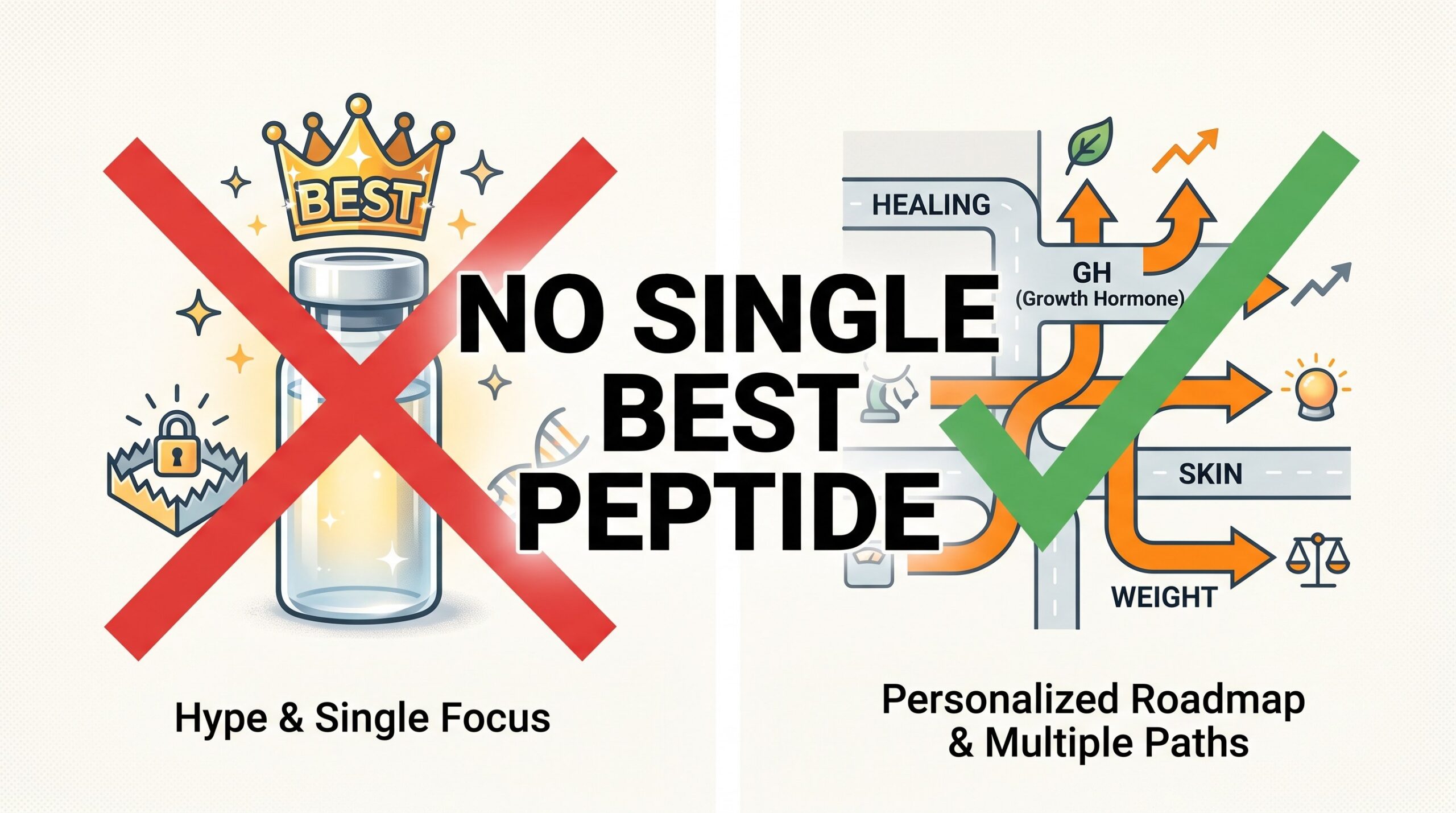 Teaching diagram: no single best peptide crown versus a goal-lane map.