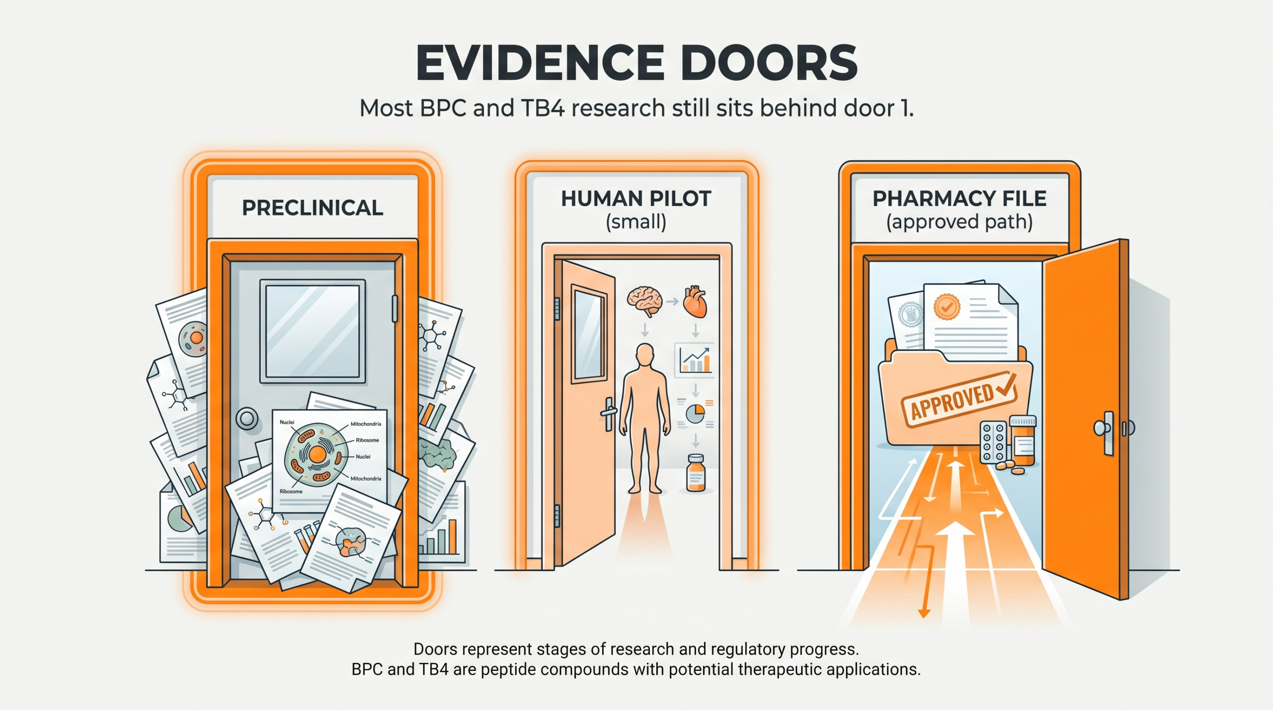 Teaching diagram: early lab, human pilot, and pharmacy evidence doors for BPC-157 and TB-500