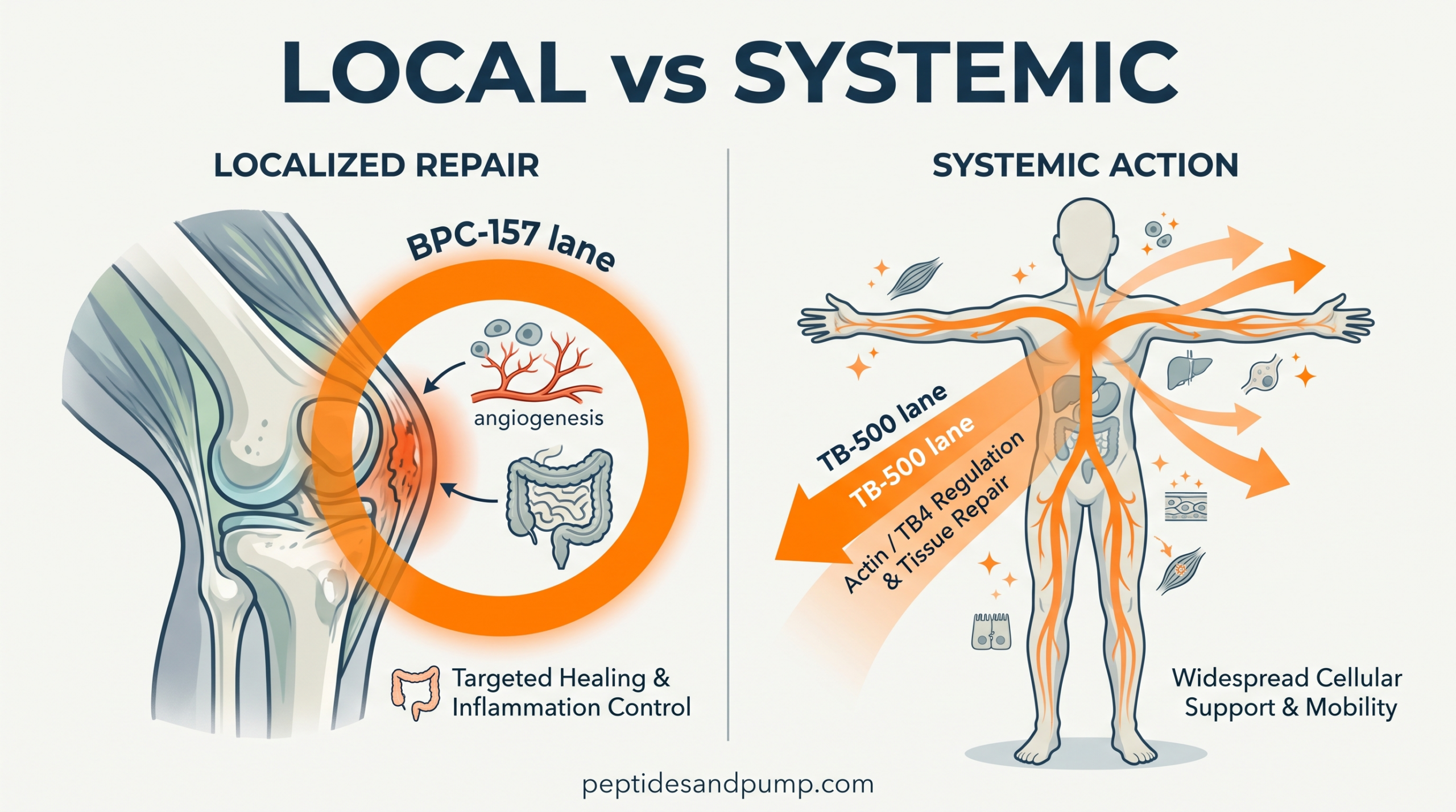 Teaching diagram: localized BPC-157 lane versus systemic TB-500 actin lane