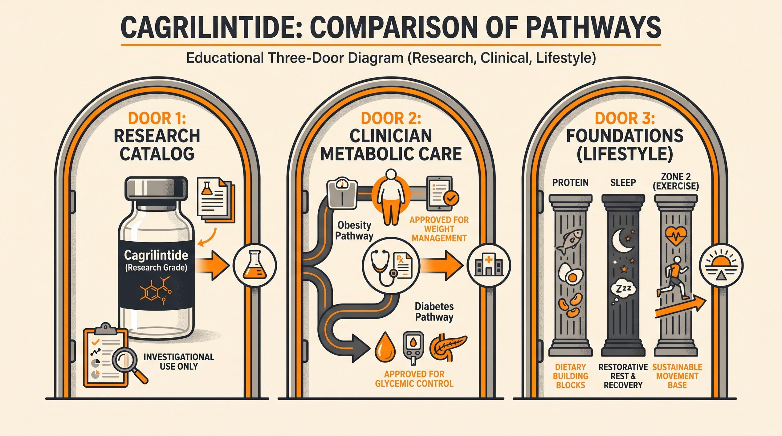 Three doors comparison for cagrilintide: research catalog bottle, clinician metabolic care, and foundation habits.