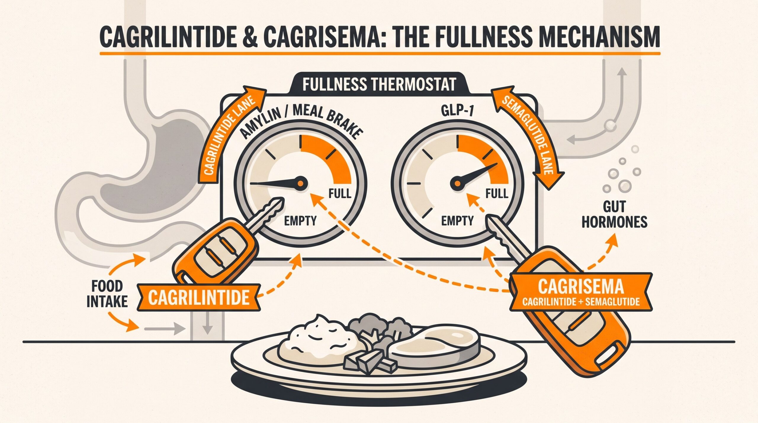 Teaching diagram: cagrilintide as the amylin meal-brake dial next to a separate GLP-1 dial; CagriSema turns both.