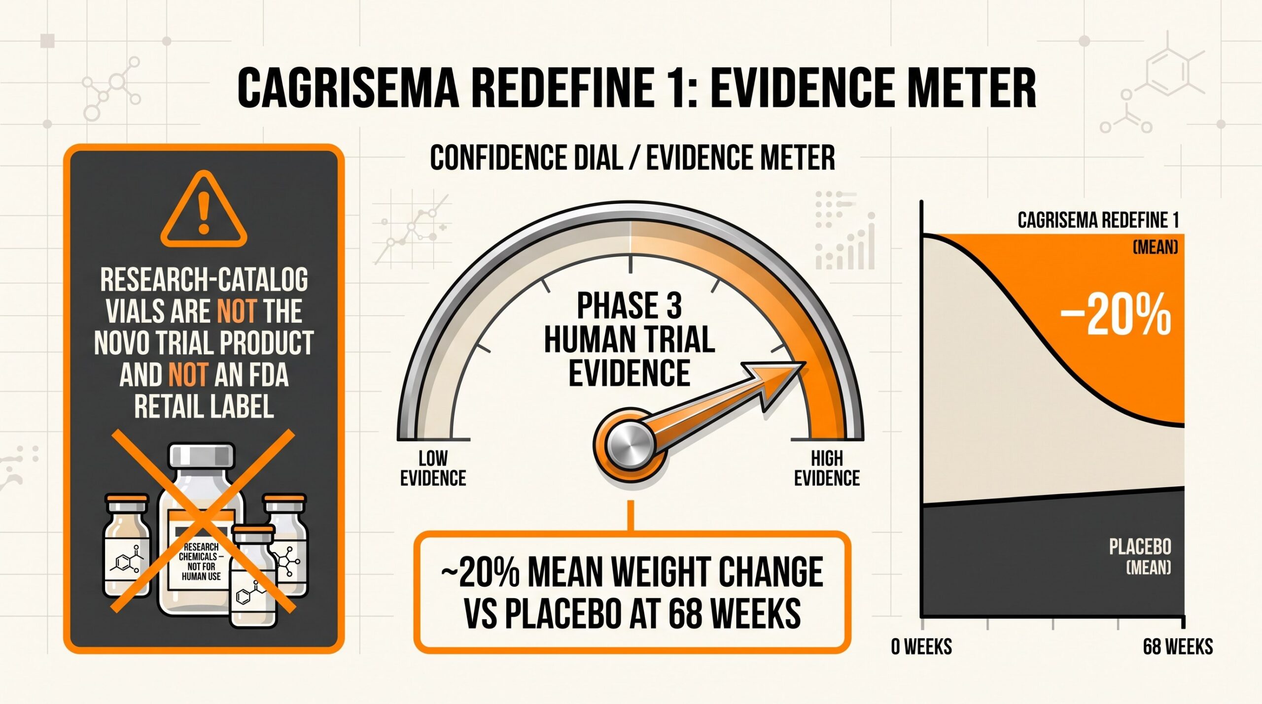 Teaching diagram: CagriSema REDEFINE evidence confidence dial pointing to Phase 3 human trials, not a research-catalog FDA label.