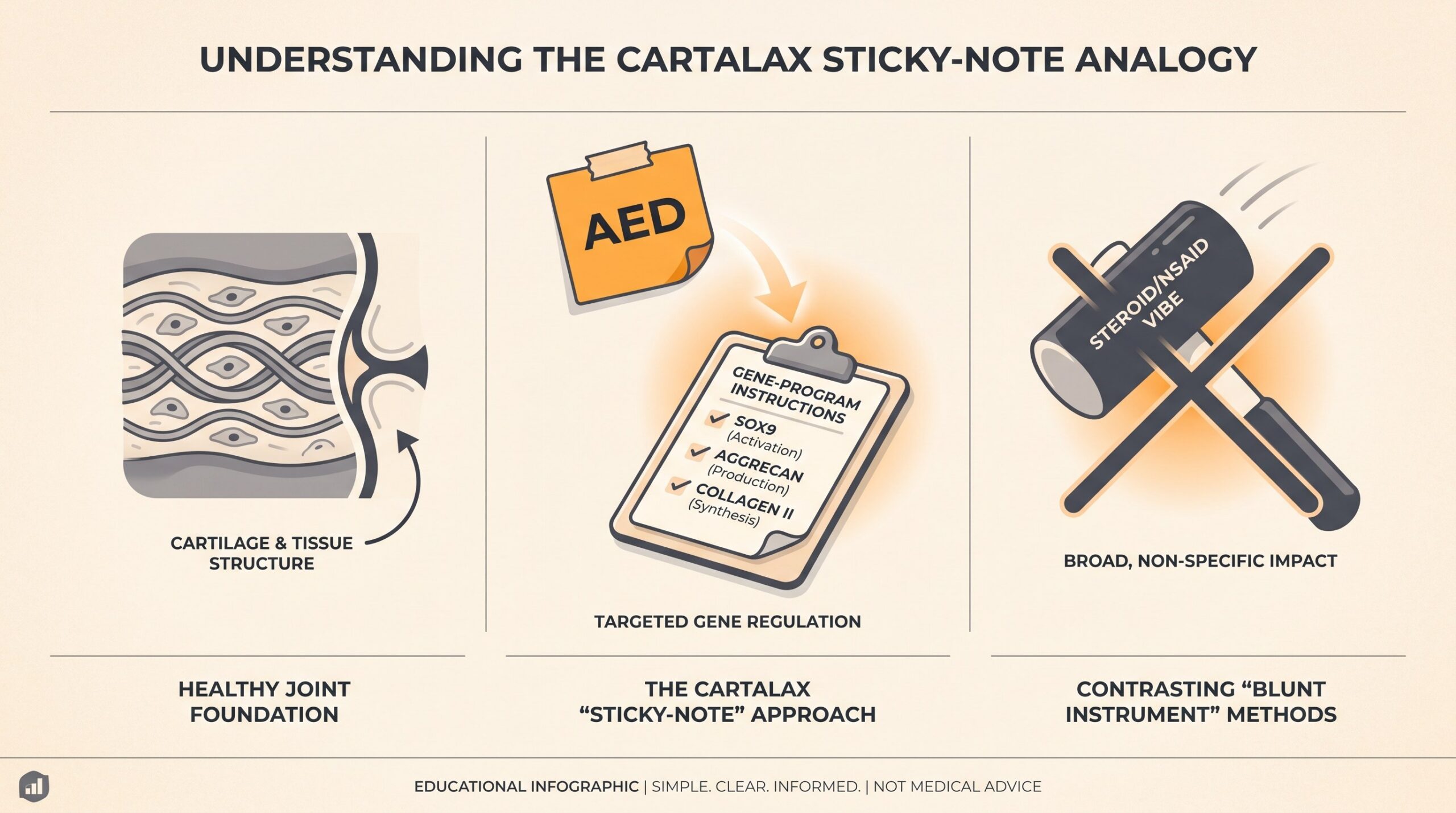 Teaching diagram: Cartalax AED as a sticky-note cue on a cartilage gene clipboard for SOX9, aggrecan, and collagen II — not a steroid sledgehammer.