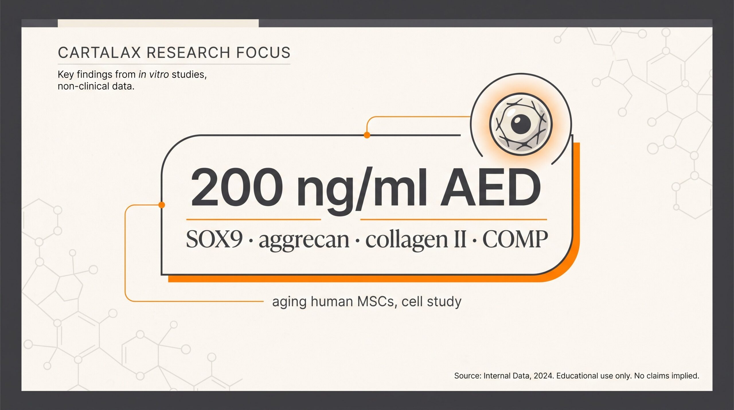 Teaching diagram highlighting AED at about 200 ng/ml activating SOX9, aggrecan, collagen II, and COMP in aging human MSC cell studies — not a human OA protocol.