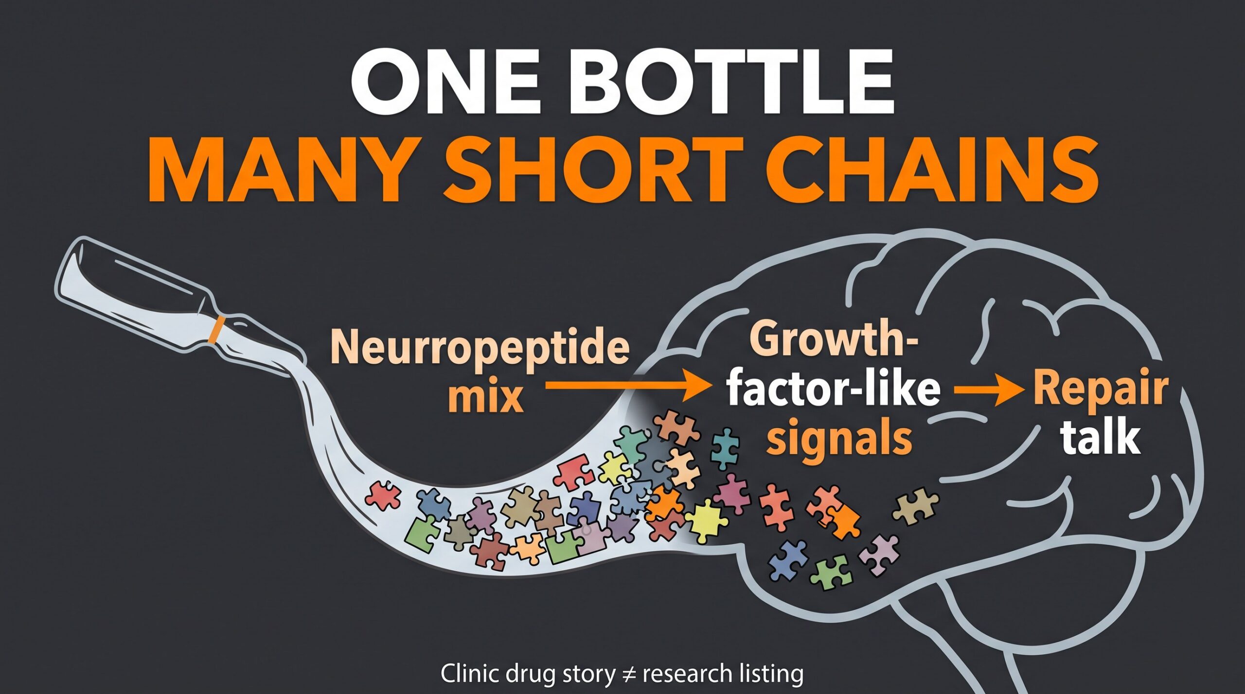Teaching diagram: cerebrolysin as one bottle with many short peptide chains, not a single clean key.