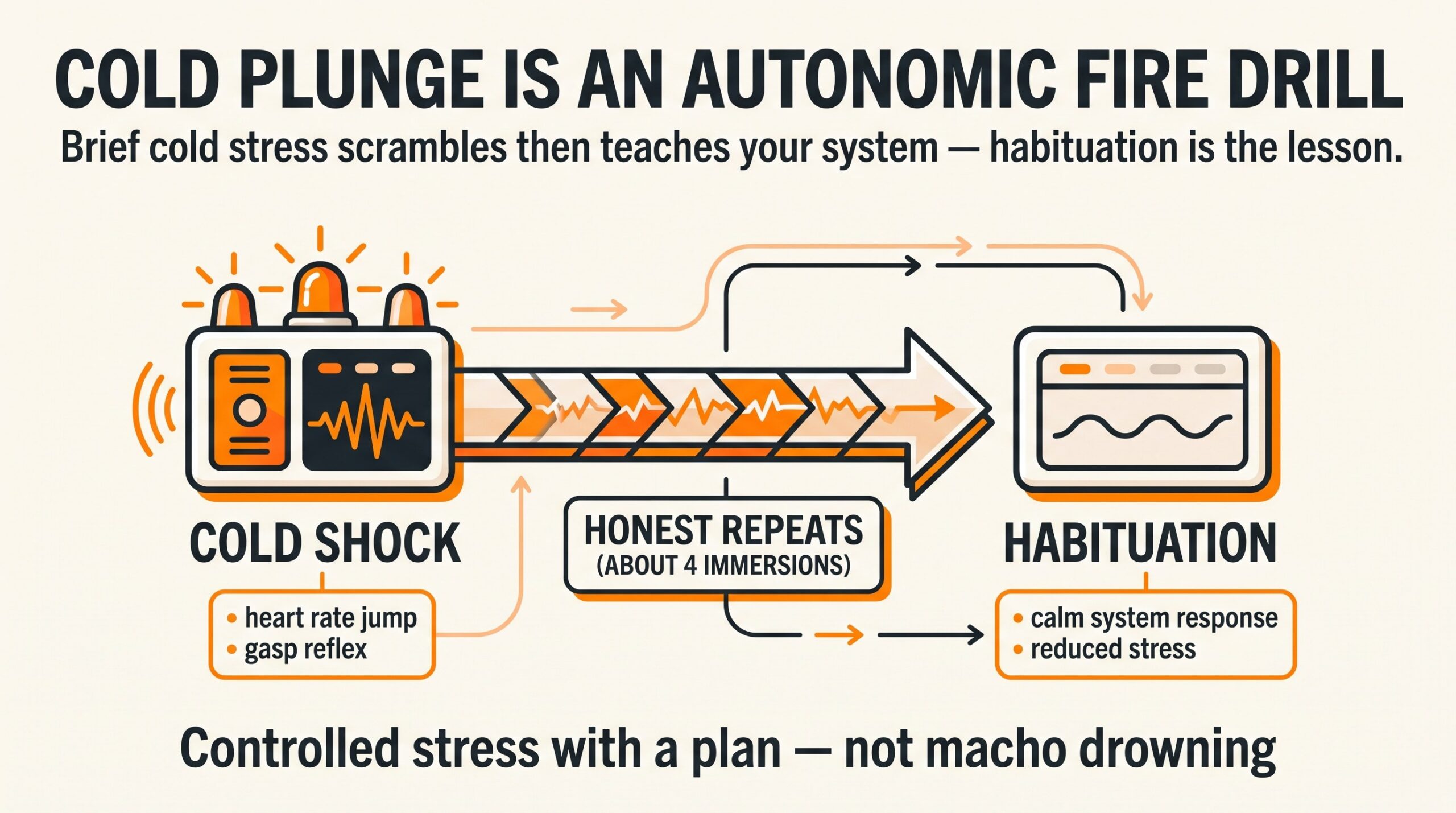 Teaching diagram: cold plunge as an autonomic fire drill — cold shock scramble, then quieter habituation with honest repeats.