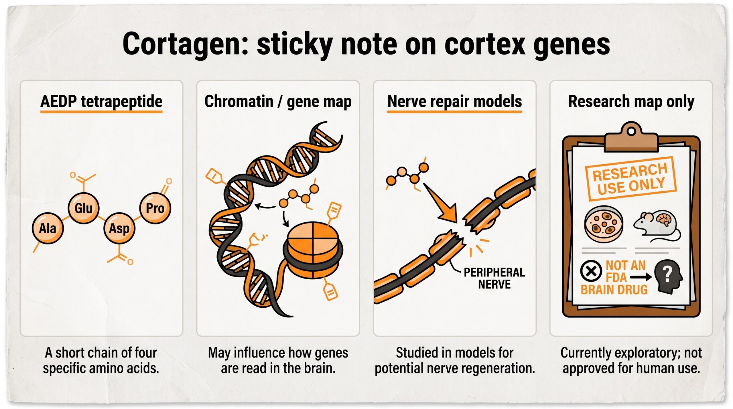 Teaching diagram of Cortagen sticky-note mechanism: AEDP tetrapeptide, chromatin gene map, nerve repair models, research map only.
