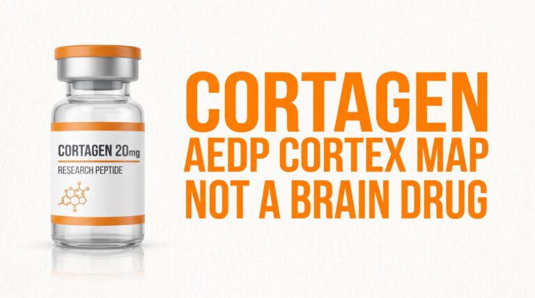 Featured card: Cortagen 20mg research vial with overlay CORTAGEN AEDP CORTEX MAP NOT A BRAIN DRUG