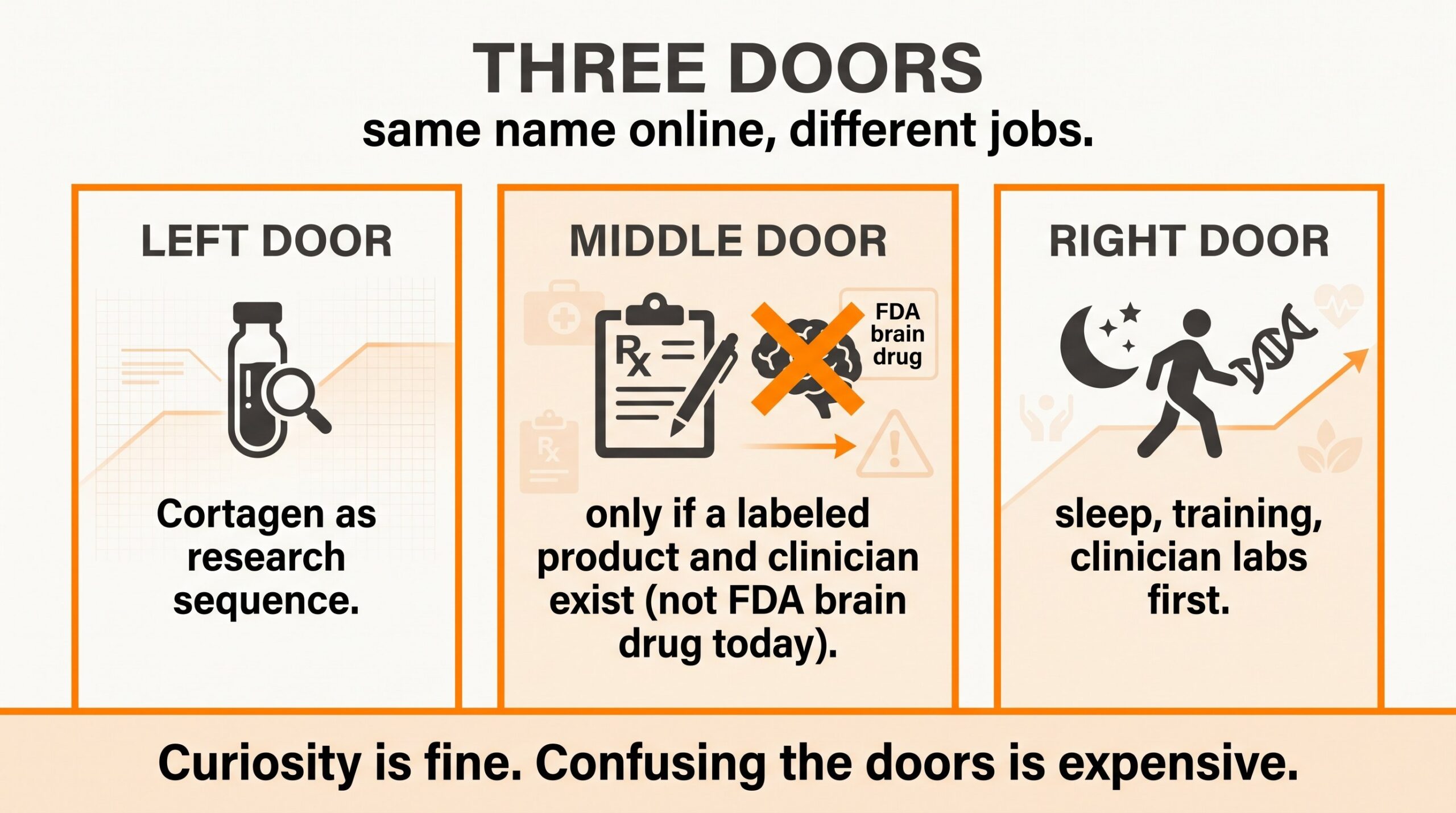 Three doors comparison: research catalog vial, clinic or Rx clipboard, and foundation habits with sleep and training.