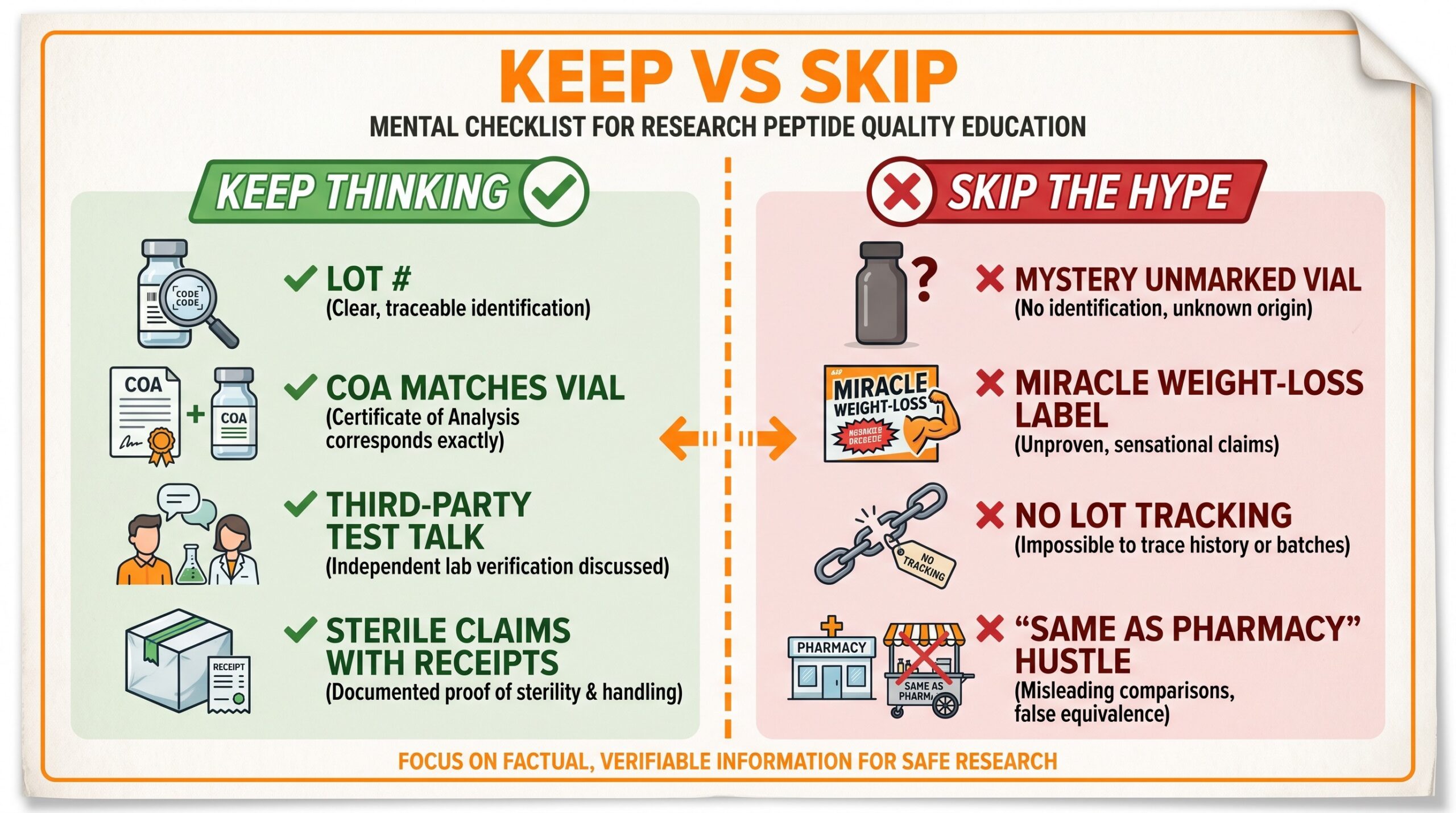 Teaching diagram: keep vs skip mental checklist for peptide quality education