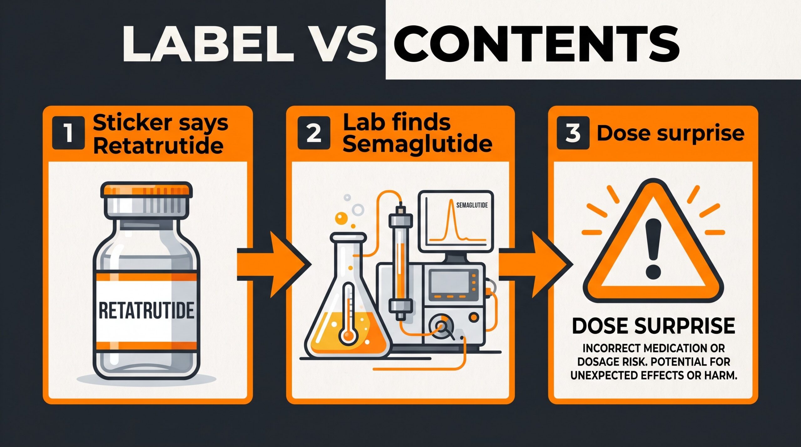 Teaching diagram: label says retatrutide, lab finds semaglutide, dose surprise