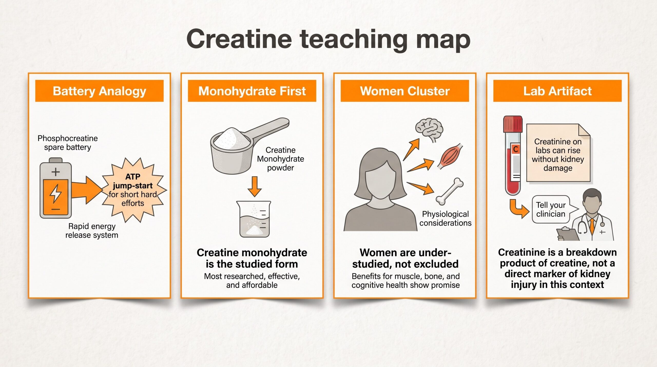 Teaching diagram of creatine levers: phosphocreatine spare battery, monohydrate form, women evidence cluster, and creatinine lab artifact with clinician note.