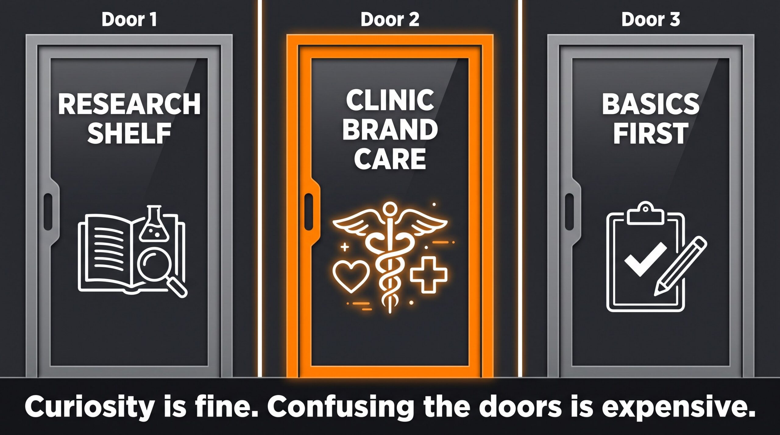 Three doors comparison for dulaglutide: research catalog listing, clinician branded care, and foundation habits.