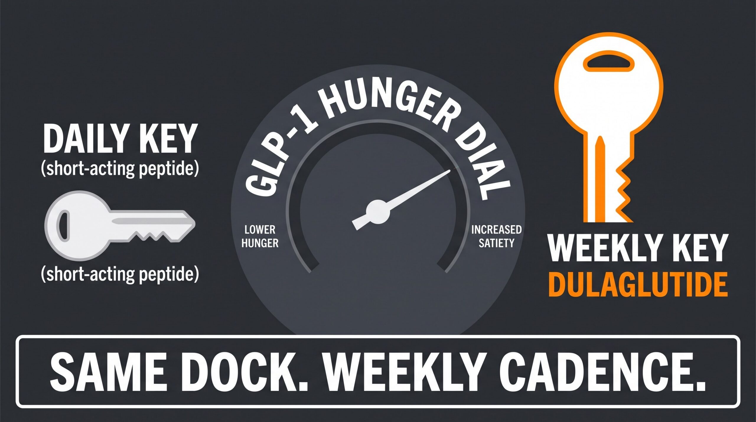 Teaching diagram: dulaglutide weekly peptide key versus daily liraglutide key on the same GLP-1 dial.