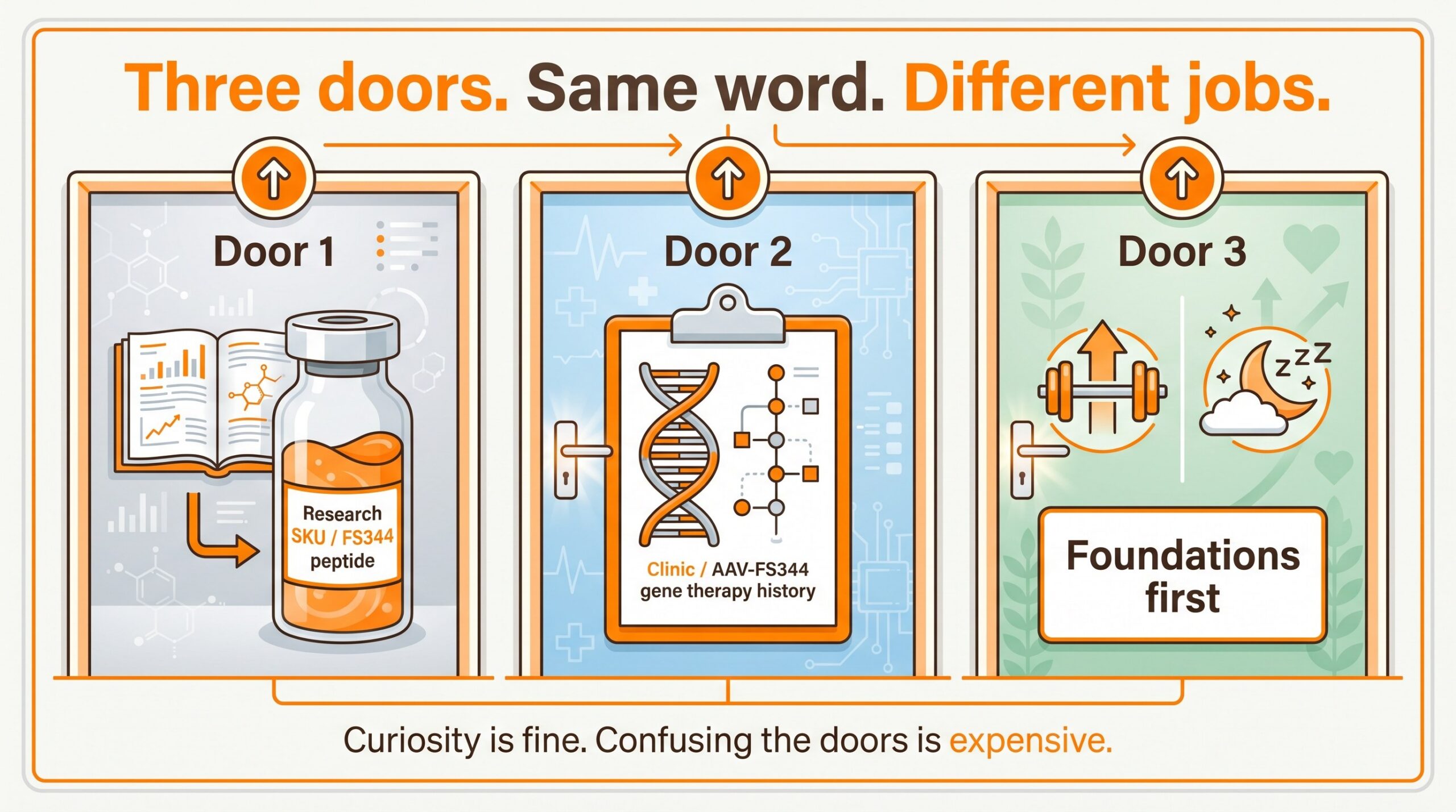 Three doors comparison for follistatin: research catalog vial, clinic AAV-FS344 gene therapy history, and foundation training habits.