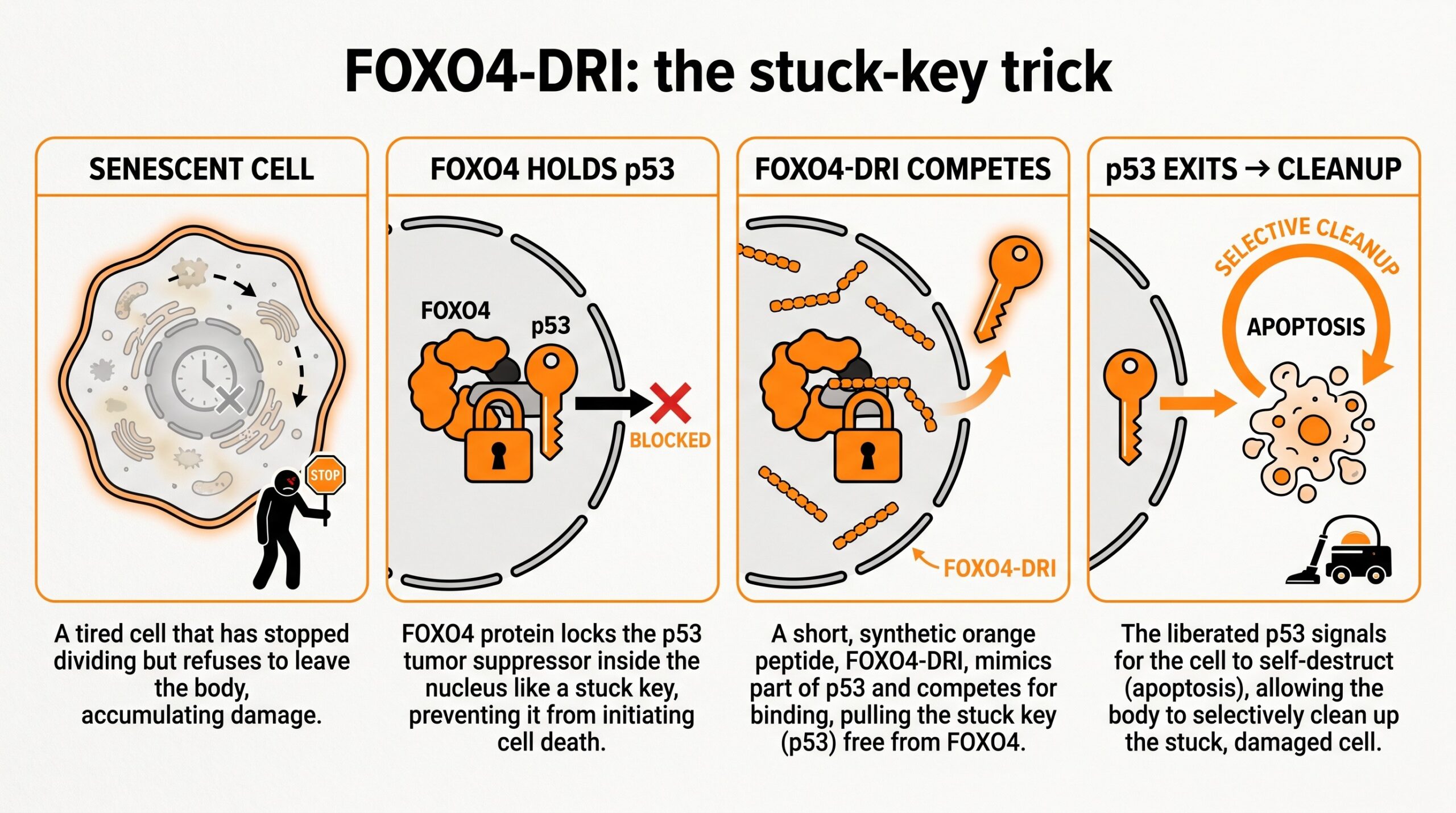 Teaching diagram of FOXO4-DRI stuck-key mechanism: senescent cell, FOXO4 holding p53, FOXO4-DRI competing, p53 exit and selective cleanup.