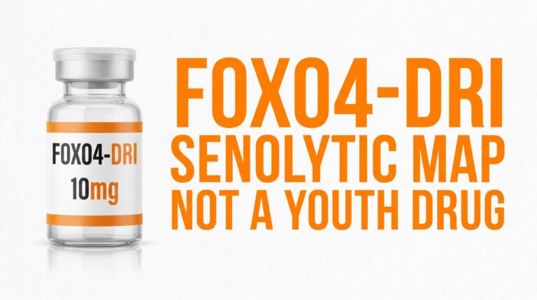 FOXO4-DRI senolytic peptide research map — not a youth drug, education thumbnail