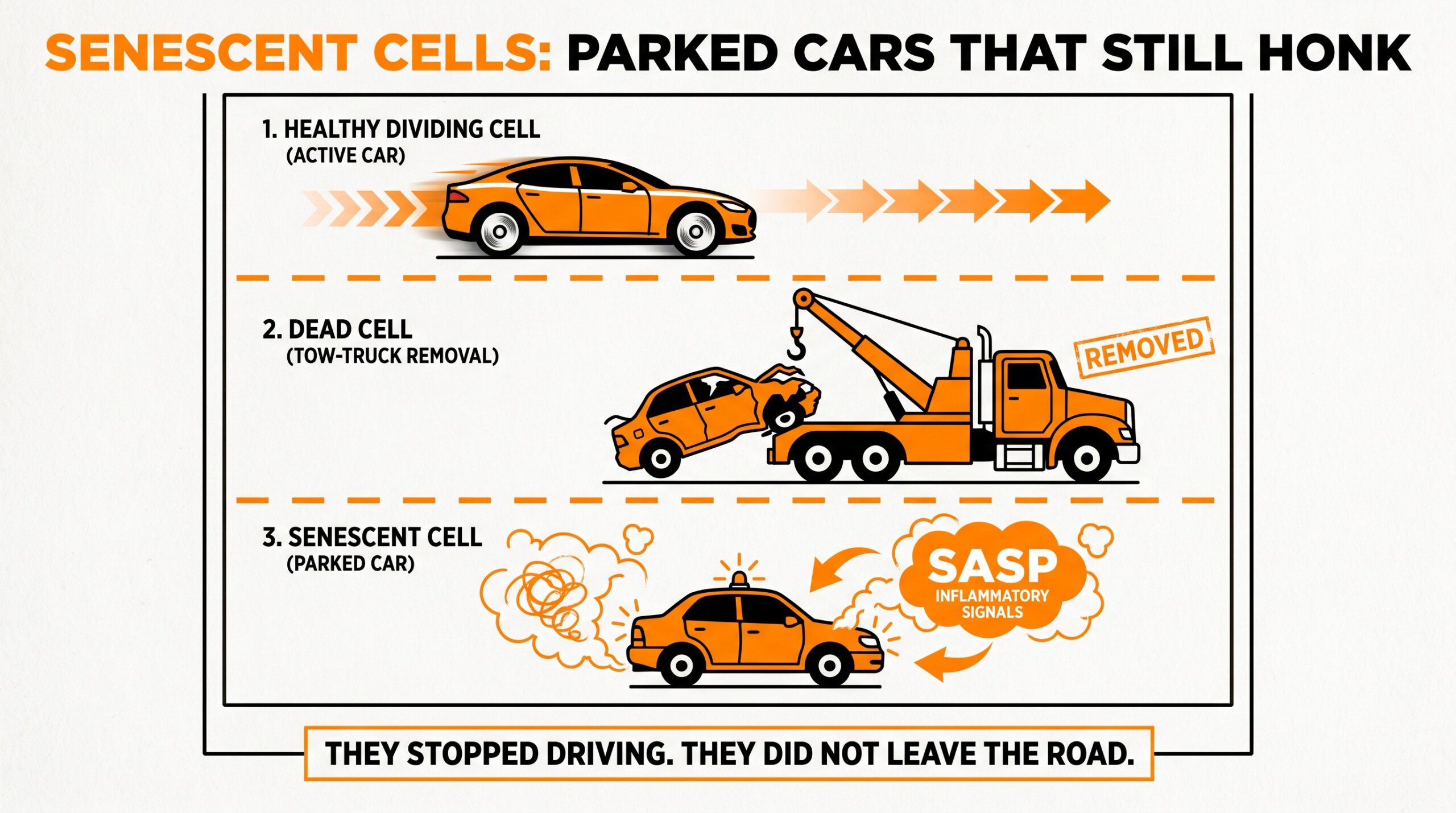 Explainer: healthy cells move, dead cells get removed, senescent cells sit like parked cars that still honk with SASP signals.
